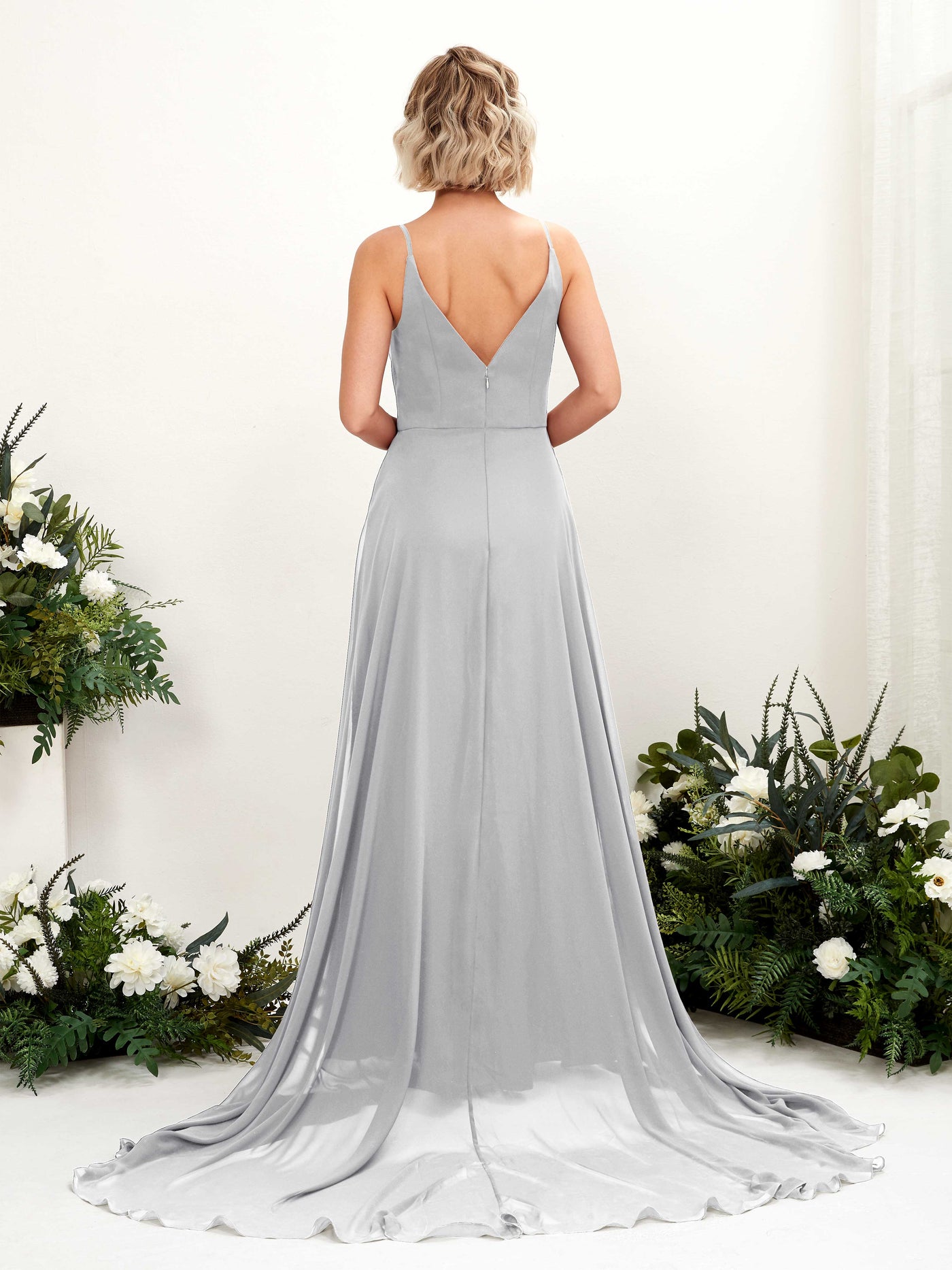 Silver Bridesmaid Dresses Bridesmaid Dress A-line Chiffon V-neck Full Length Sleeveless Wedding Party Dress (81224127)#color_silver