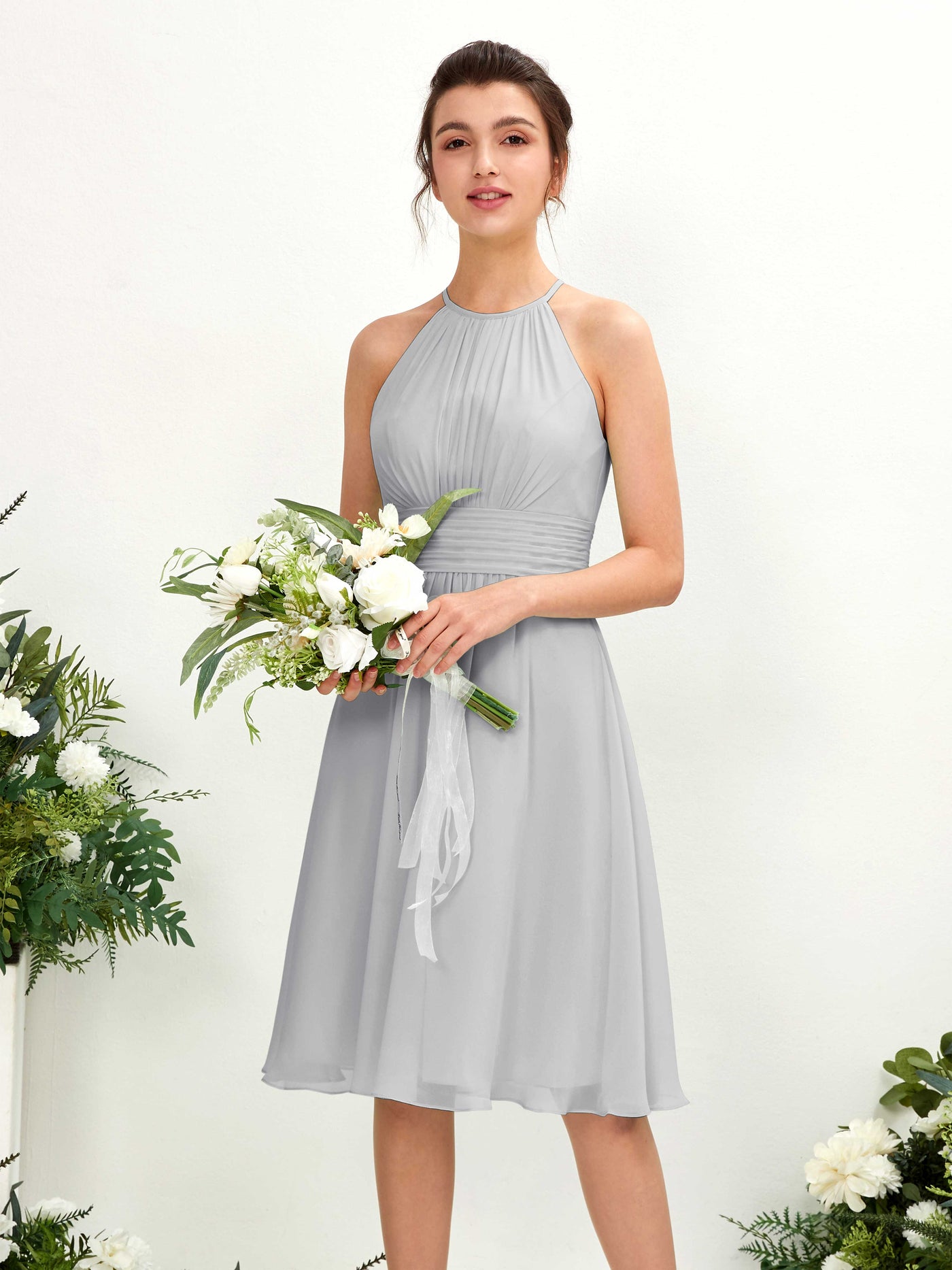 Silver Bridesmaid Dresses Bridesmaid Dress A-line Chiffon Halter Knee Length Sleeveless Wedding Party Dress (81220127)#color_silver