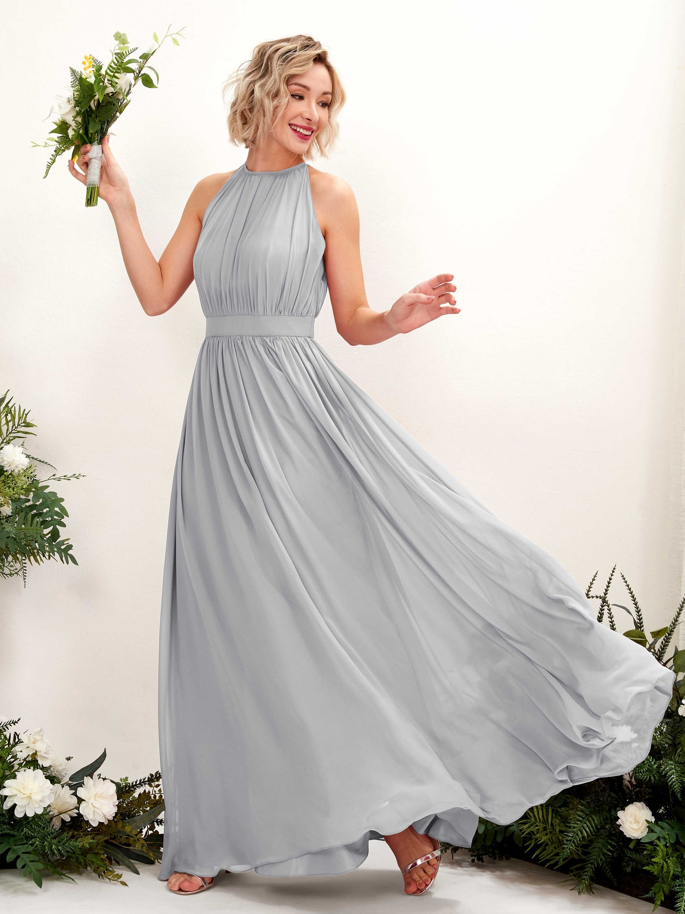 Silver Bridesmaid Dresses Bridesmaid Dress A-line Chiffon Halter Full Length Sleeveless Wedding Party Dress (81223127)#color_silver