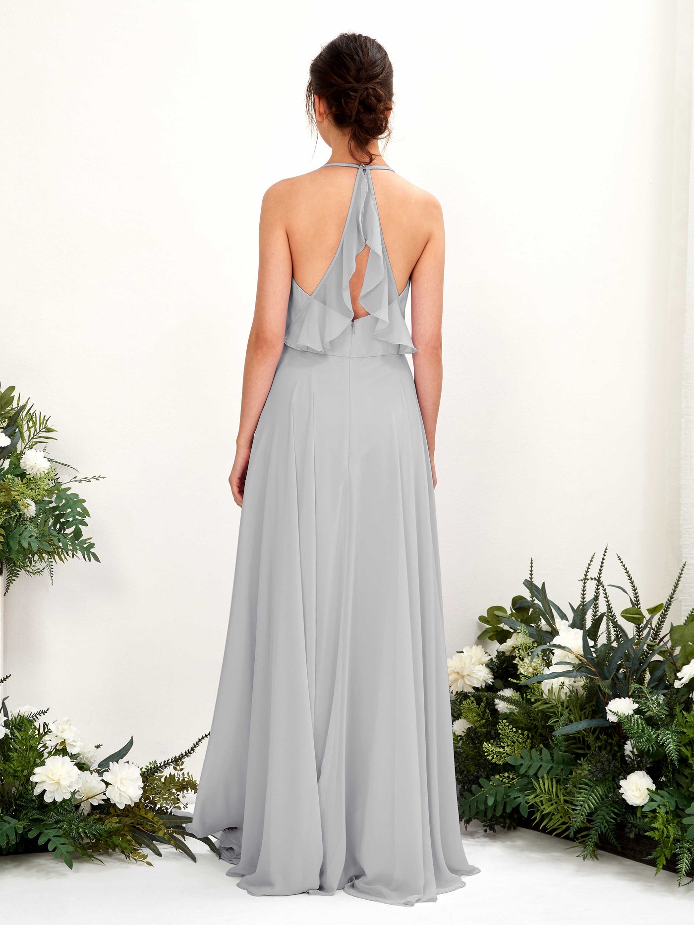 Halter V-neck Sleeveless Chiffon Bridesmaid Dress - Silver (81221027)#color_silver