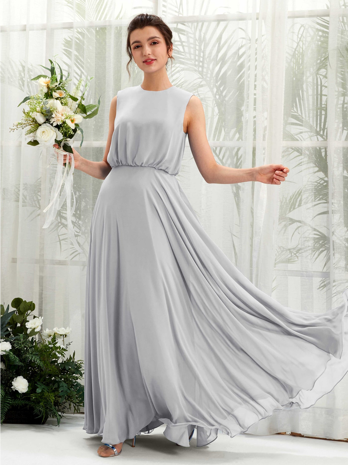 Silver Bridesmaid Dresses Bridesmaid Dress A-line Chiffon Round Full Length Sleeveless Wedding Party Dress (81222827)#color_silver