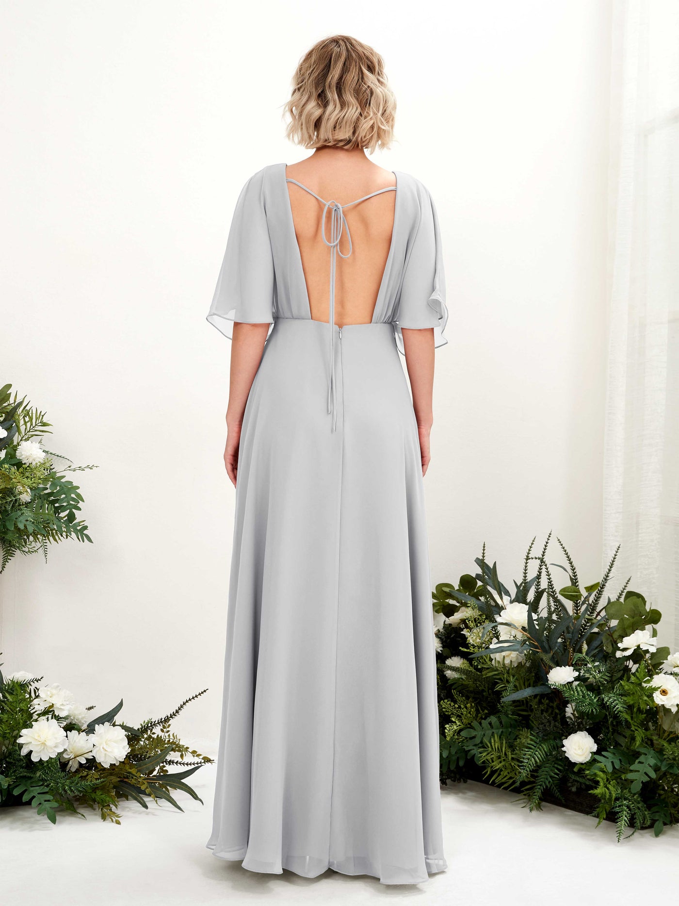 Silver Bridesmaid Dresses Bridesmaid Dress A-line Chiffon V-neck Full Length Short Sleeves Wedding Party Dress (81225127)#color_silver