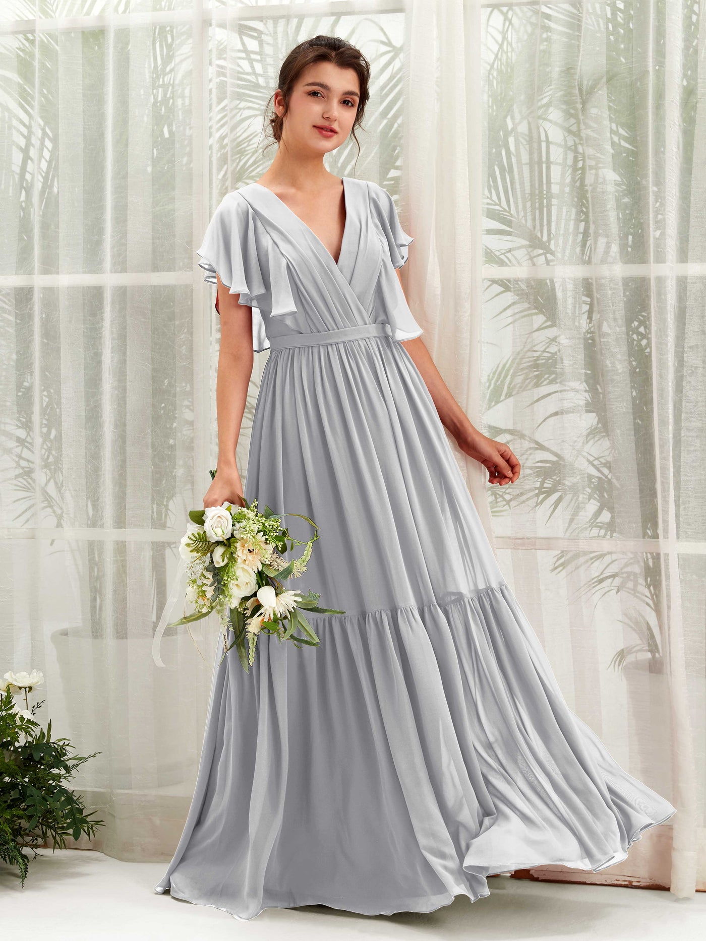 Silver Bridesmaid Dresses Bridesmaid Dress A-line Chiffon V-neck Full Length Short Sleeves Wedding Party Dress (81225927)#color_silver