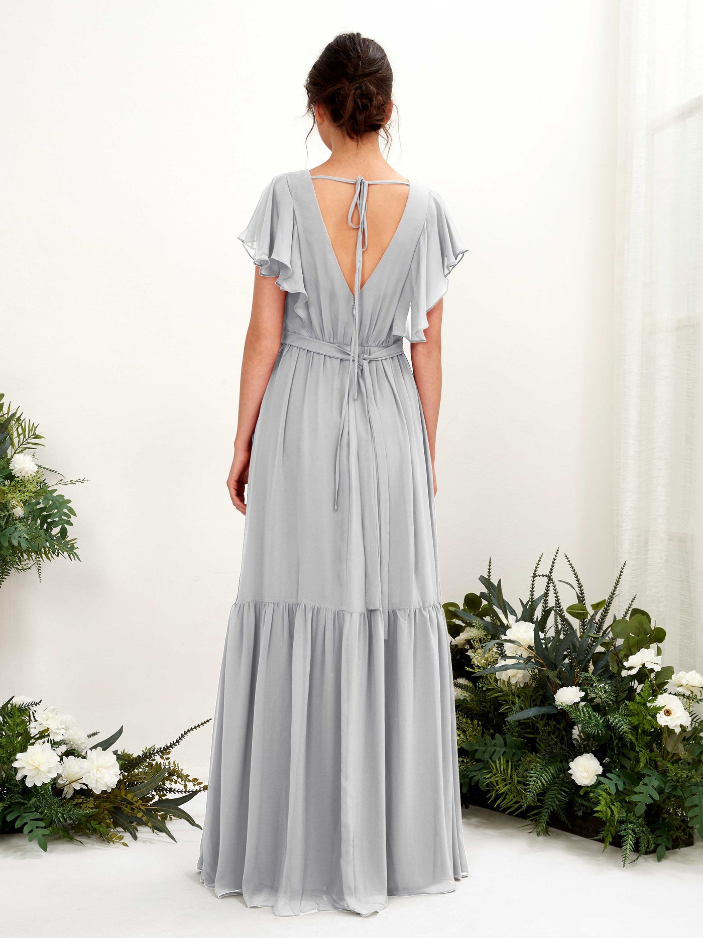 Silver Bridesmaid Dresses Bridesmaid Dress A-line Chiffon V-neck Full Length Short Sleeves Wedding Party Dress (81225927)#color_silver