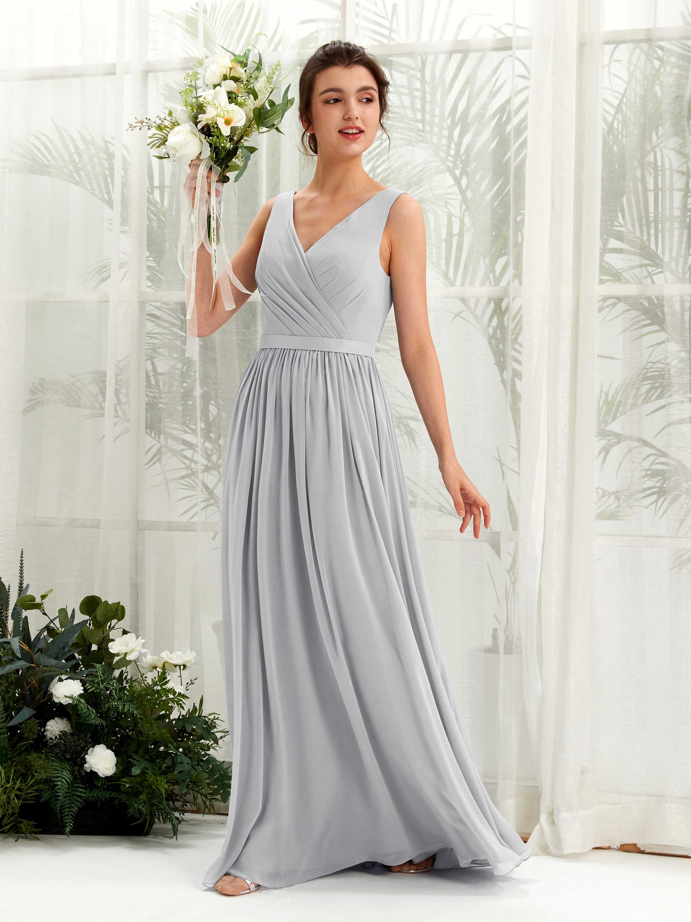 Silver Bridesmaid Dresses Bridesmaid Dress A-line Chiffon V-neck Full Length Sleeveless Wedding Party Dress (81223627)#color_silver