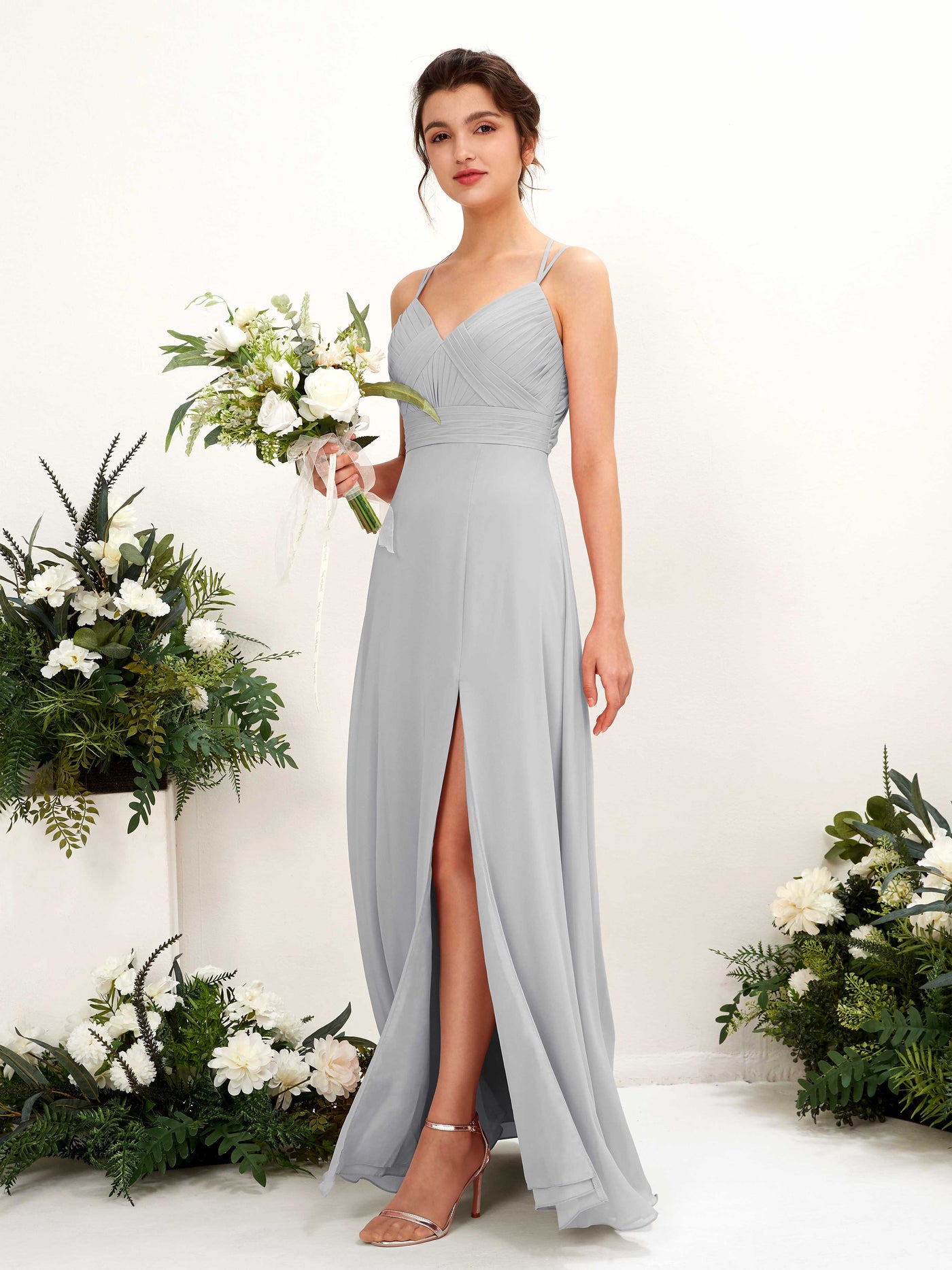 Silver Bridesmaid Dresses Bridesmaid Dress A-line Chiffon Spaghetti-straps Full Length Sleeveless Wedding Party Dress (81225427)#color_silver