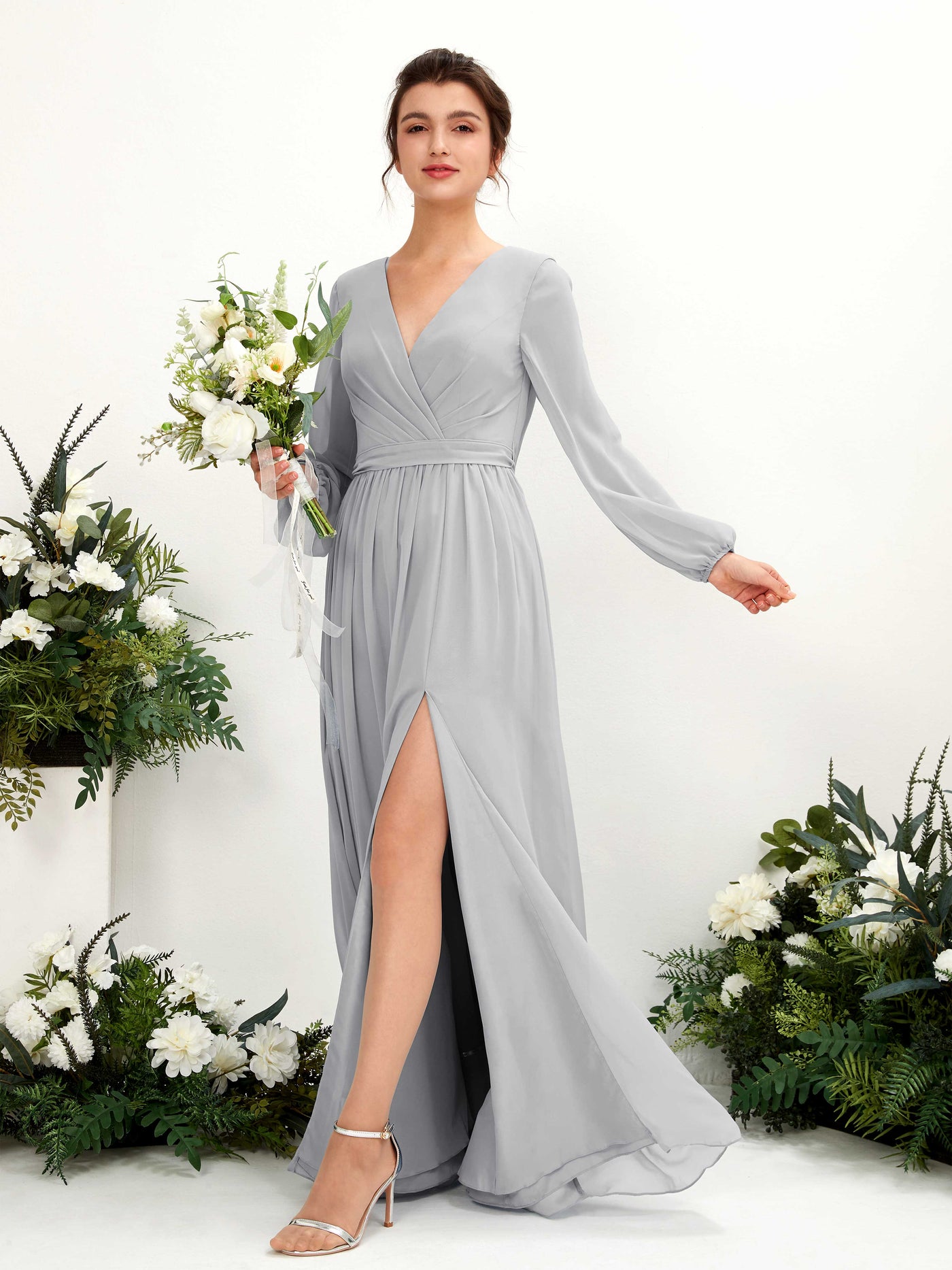 Silver Bridesmaid Dresses Bridesmaid Dress A-line Chiffon V-neck Full Length Long Sleeves Wedding Party Dress (81223827)#color_silver