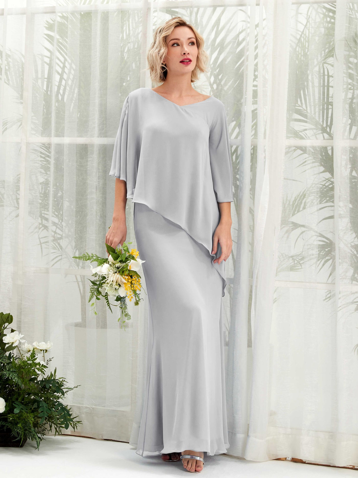 Silver Bridesmaid Dresses Bridesmaid Dress Bohemian Chiffon V-neck Full Length 3/4 Sleeves Wedding Party Dress (81222527)#color_silver
