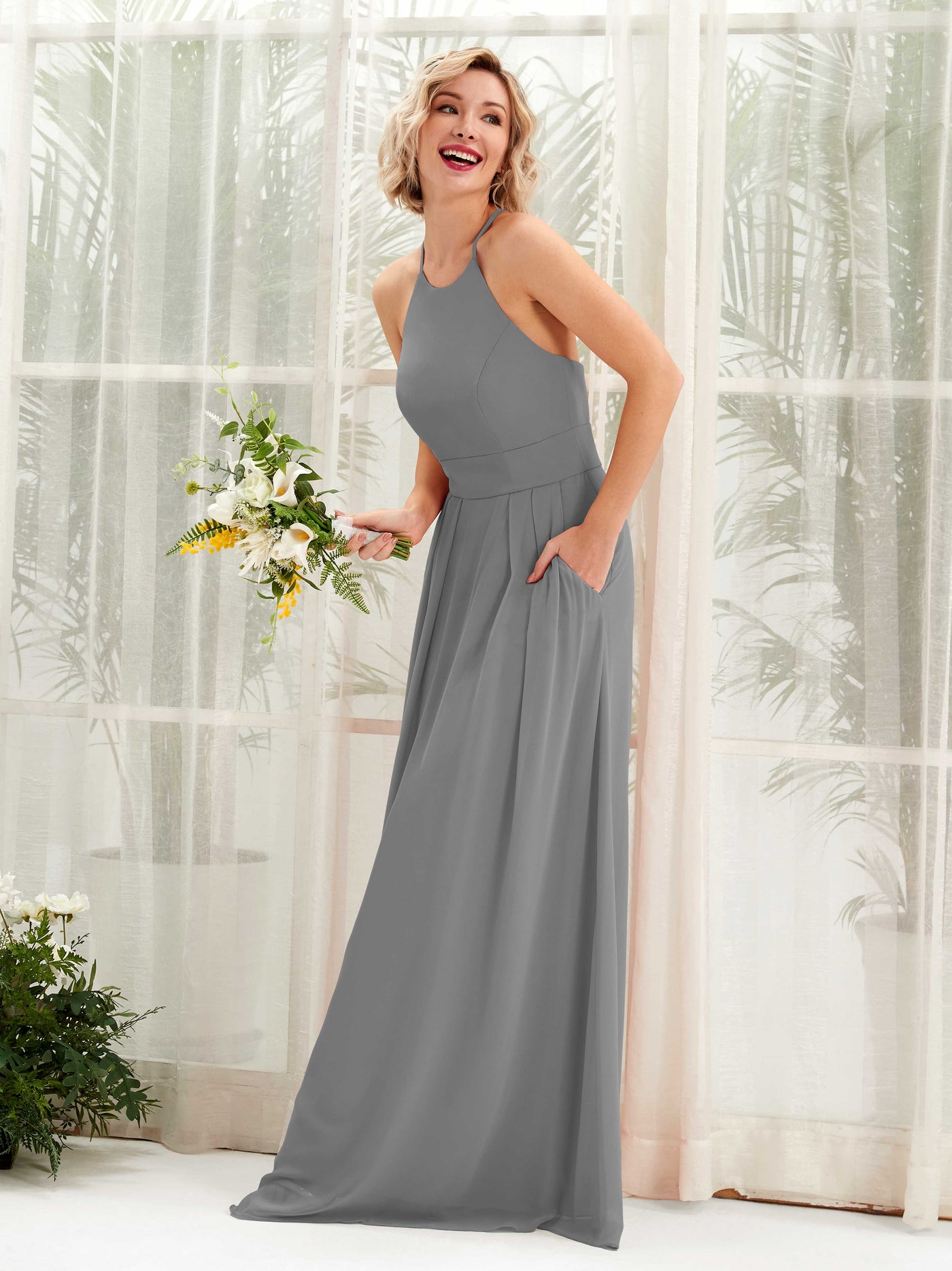 Steel Gray Bridesmaid Dresses Bridesmaid Dress A-line Chiffon Halter Full Length Sleeveless Wedding Party Dress (81225220)#color_steel-gray