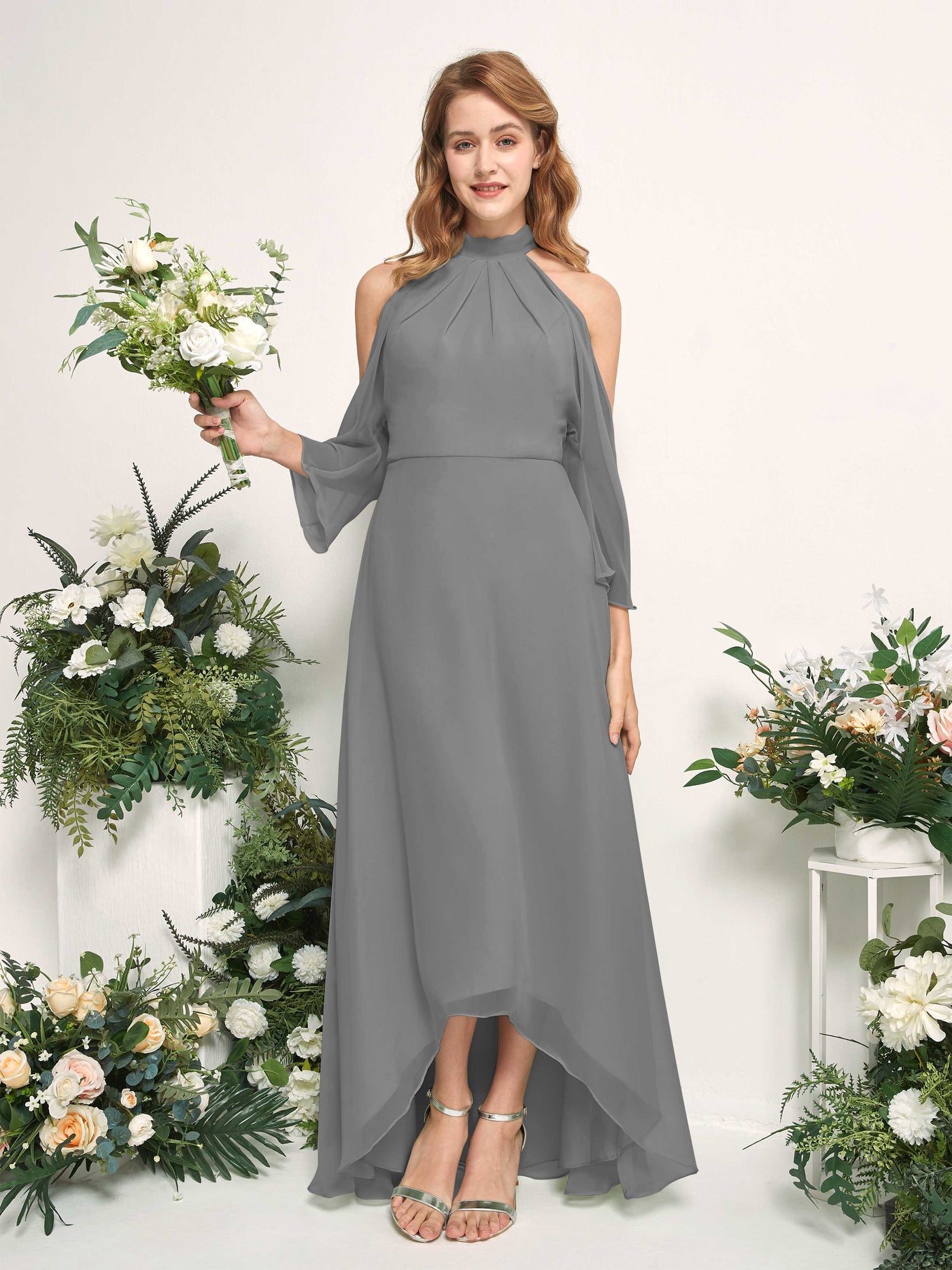 Bridesmaid Dress A-line Chiffon Halter High Low 3/4 Sleeves Wedding Party Dress - Steel Gray (81227620)#color_steel-gray