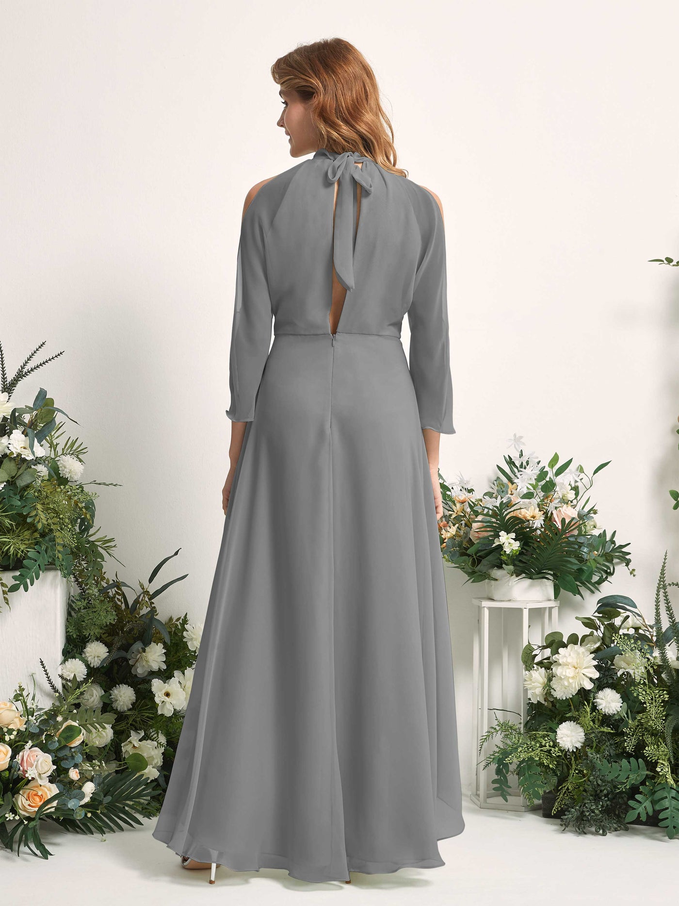 Bridesmaid Dress A-line Chiffon Halter High Low 3/4 Sleeves Wedding Party Dress - Steel Gray (81227620)#color_steel-gray
