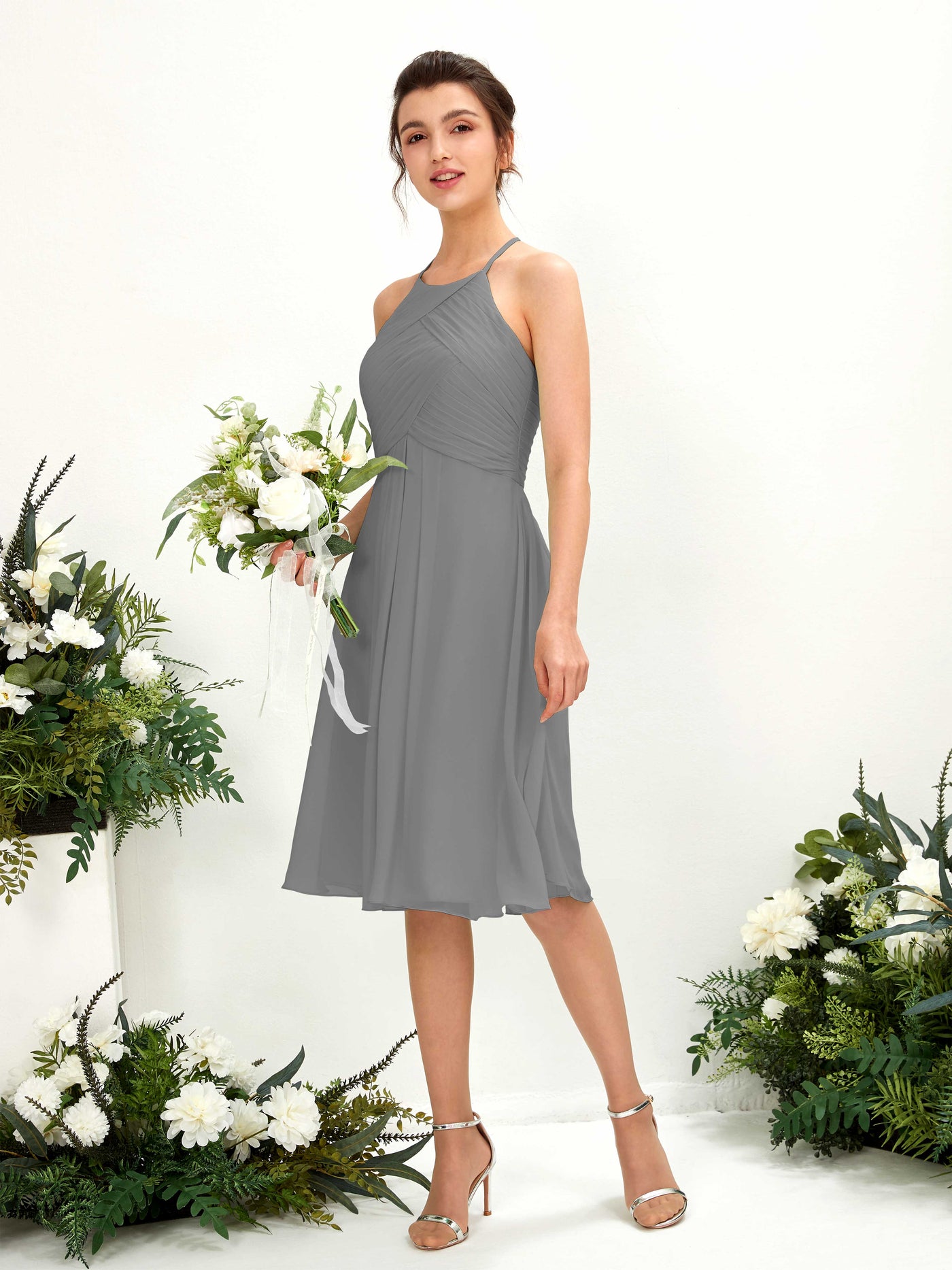 Steel Gray Bridesmaid Dresses Bridesmaid Dress A-line Chiffon Halter Knee Length Sleeveless Wedding Party Dress (81220420)#color_steel-gray