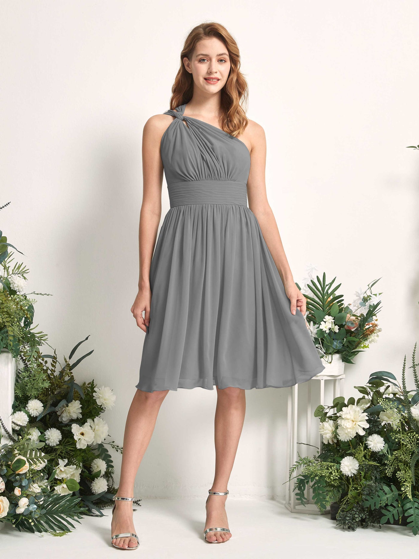 Bridesmaid Dress A-line Chiffon One Shoulder Knee Length Sleeveless Wedding Party Dress - Steel Gray (81221220)#color_steel-gray