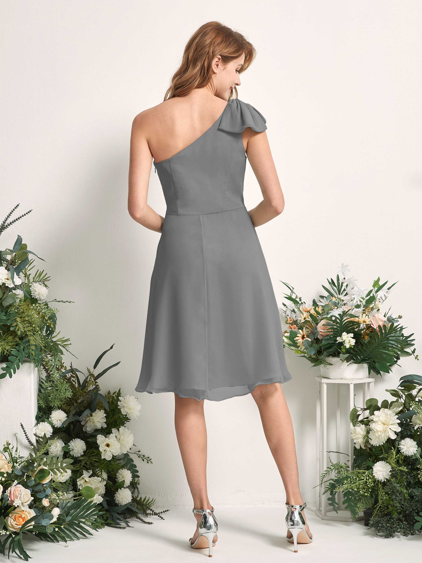 Bridesmaid Dress A-line Chiffon One Shoulder Knee Length Sleeveless Wedding Party Dress - Steel Gray (81227020)#color_steel-gray