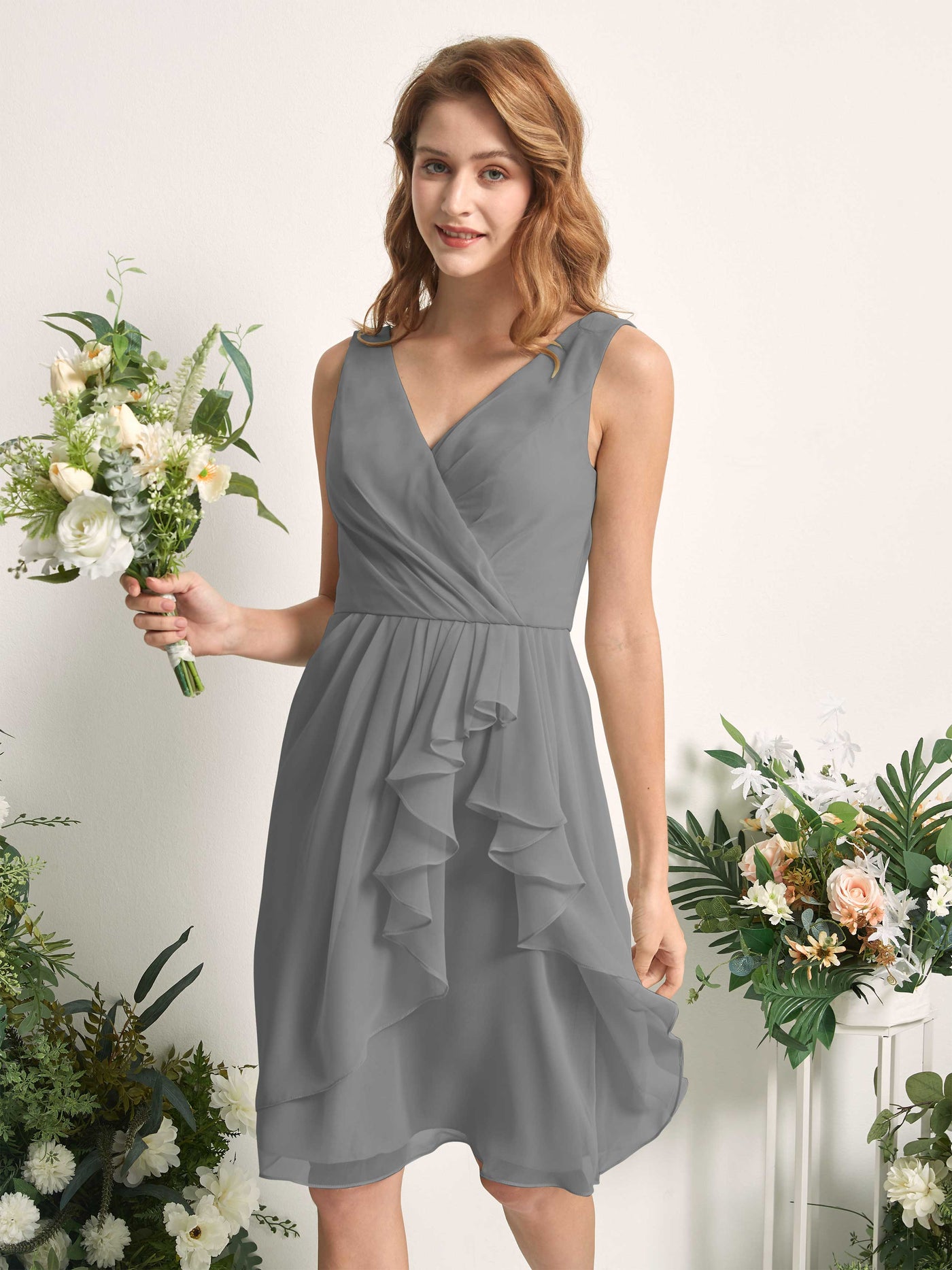 Bridesmaid Dress A-line Chiffon Straps Knee Length Sleeveless Wedding Party Dress - Steel Gray (81226620)#color_steel-gray