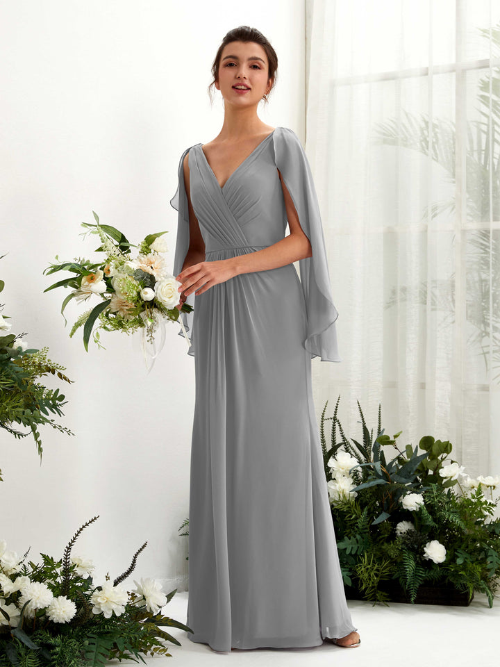 Steel Gray Bridesmaid Dresses Bridesmaid Dress A-line Chiffon Straps Full Length Long Sleeves Wedding Party Dress (80220120)