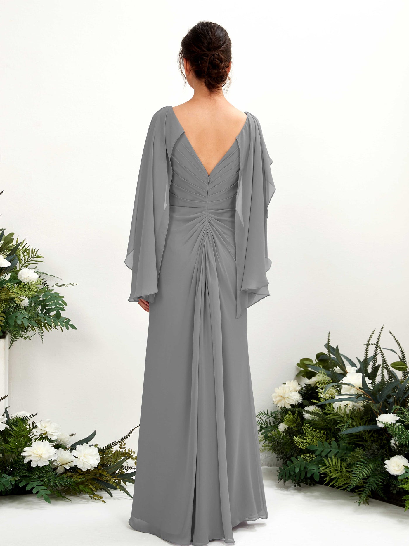 Steel Gray Bridesmaid Dresses Bridesmaid Dress A-line Chiffon Straps Full Length Long Sleeves Wedding Party Dress (80220120)#color_steel-gray