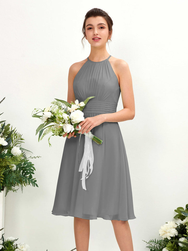 Steel Gray Bridesmaid Dresses Bridesmaid Dress A-line Chiffon Halter Knee Length Sleeveless Wedding Party Dress (81220120)