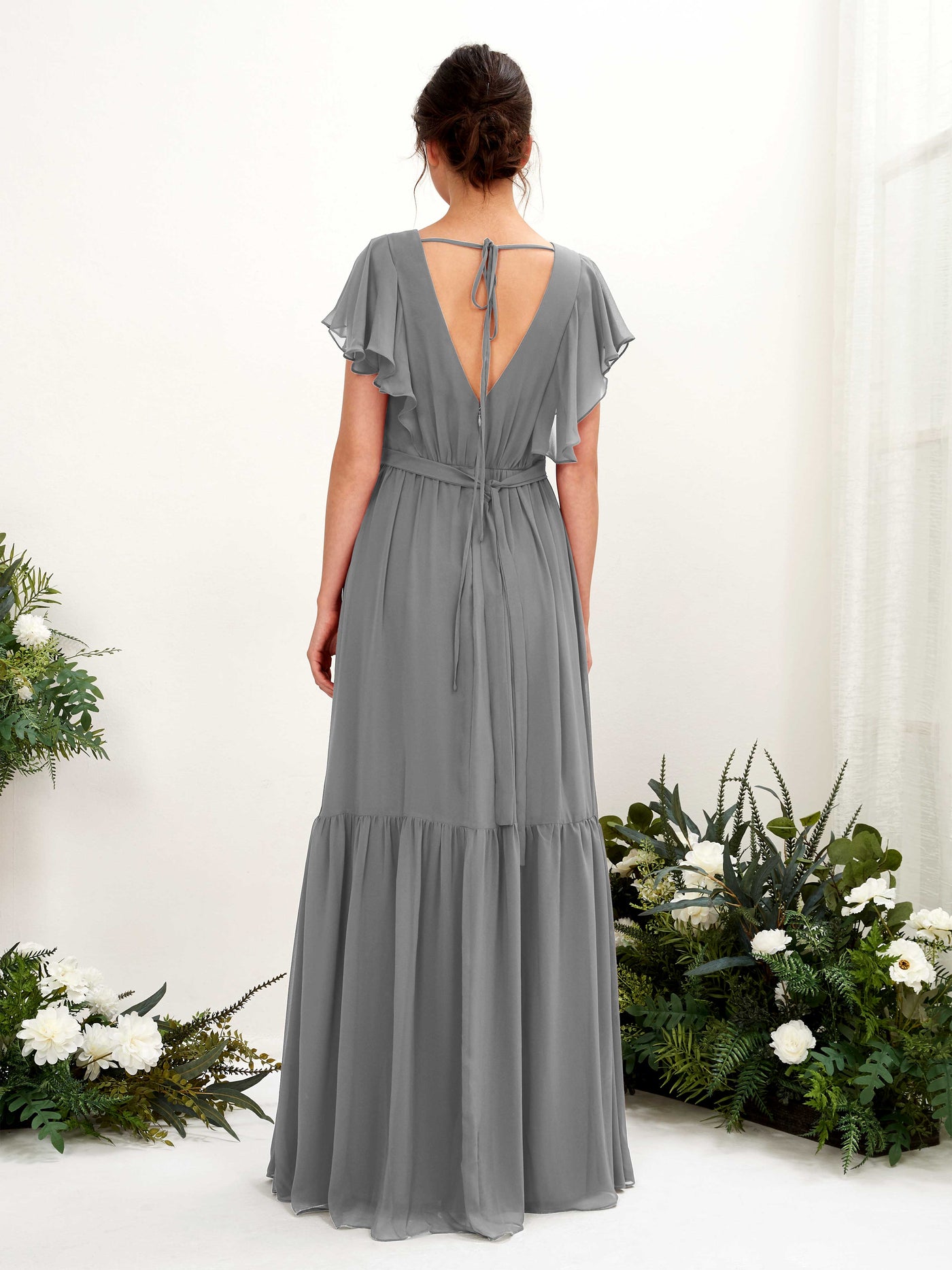 Steel Gray Bridesmaid Dresses Bridesmaid Dress A-line Chiffon V-neck Full Length Short Sleeves Wedding Party Dress (81225920)#color_steel-gray