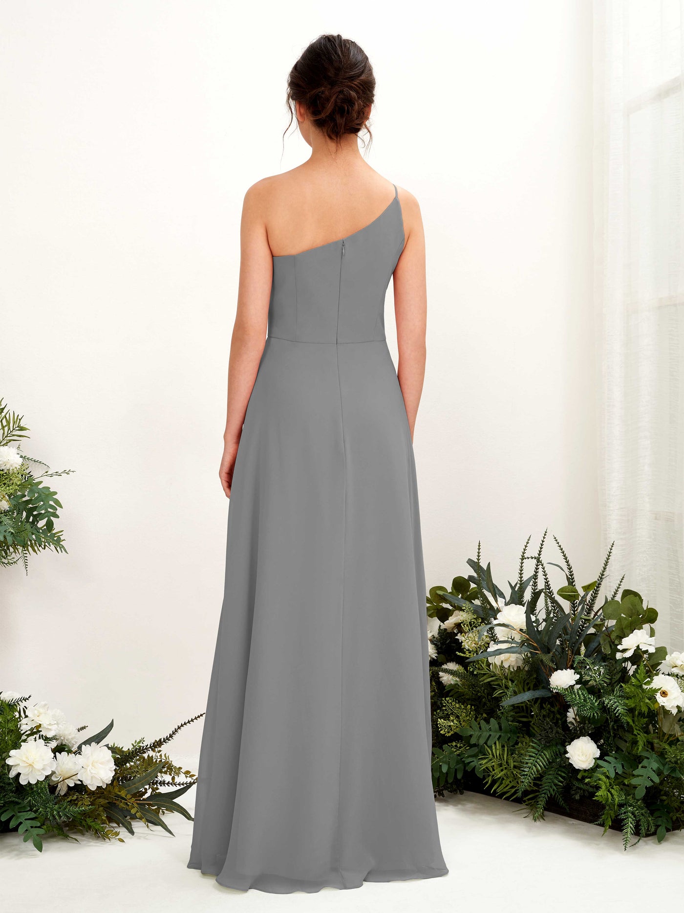 Steel Gray Bridesmaid Dresses Bridesmaid Dress A-line Chiffon One Shoulder Full Length Sleeveless Wedding Party Dress (81225720)#color_steel-gray