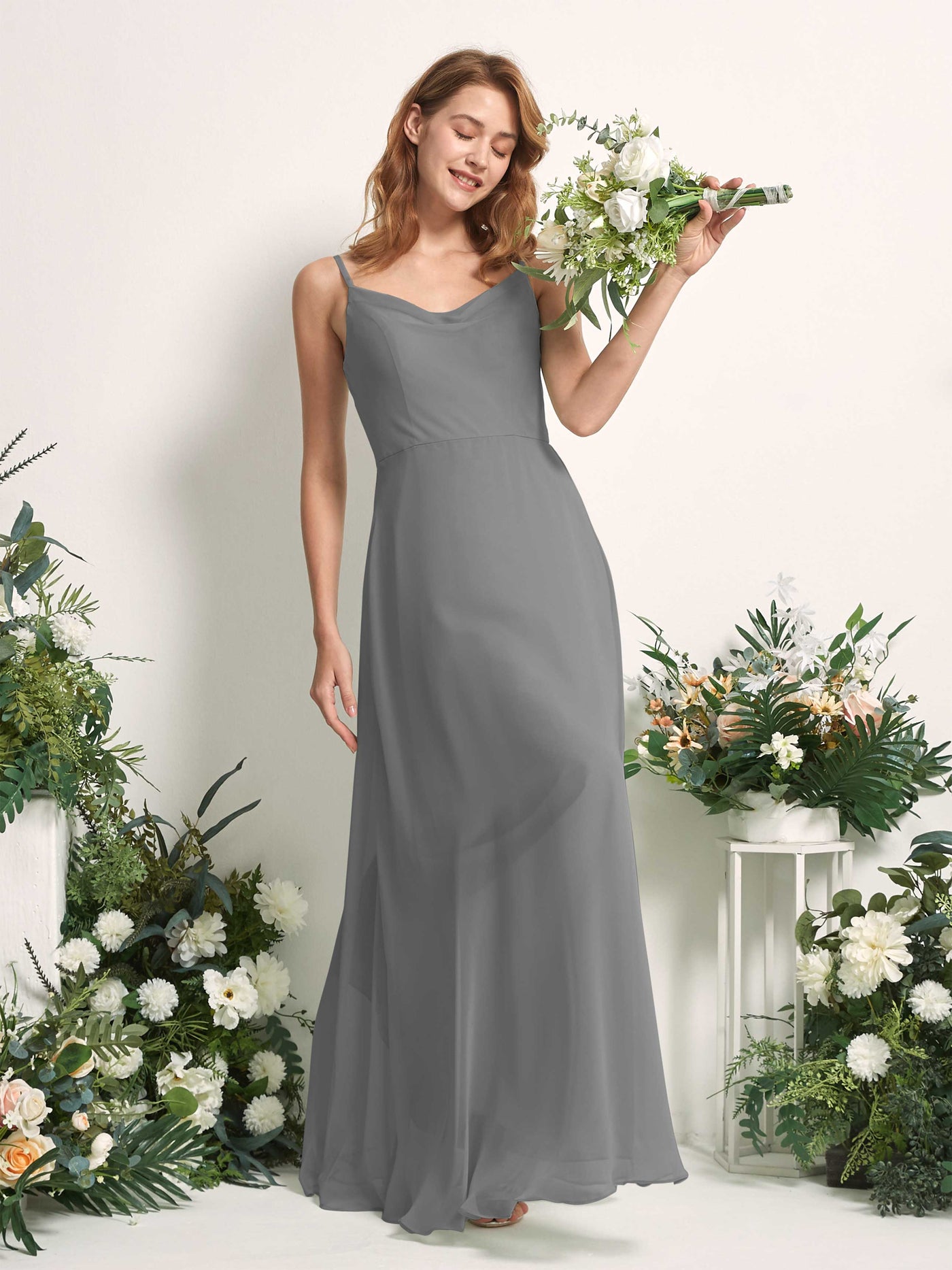 Bridesmaid Dress A-line Chiffon Spaghetti-straps Full Length Sleeveless Wedding Party Dress - Steel Gray (81227220)#color_steel-gray