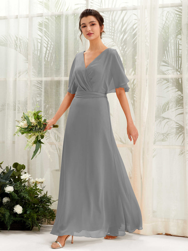 Steel Gray Bridesmaid Dresses Bridesmaid Dress A-line Chiffon V-neck Full Length Short Sleeves Wedding Party Dress (81222420)