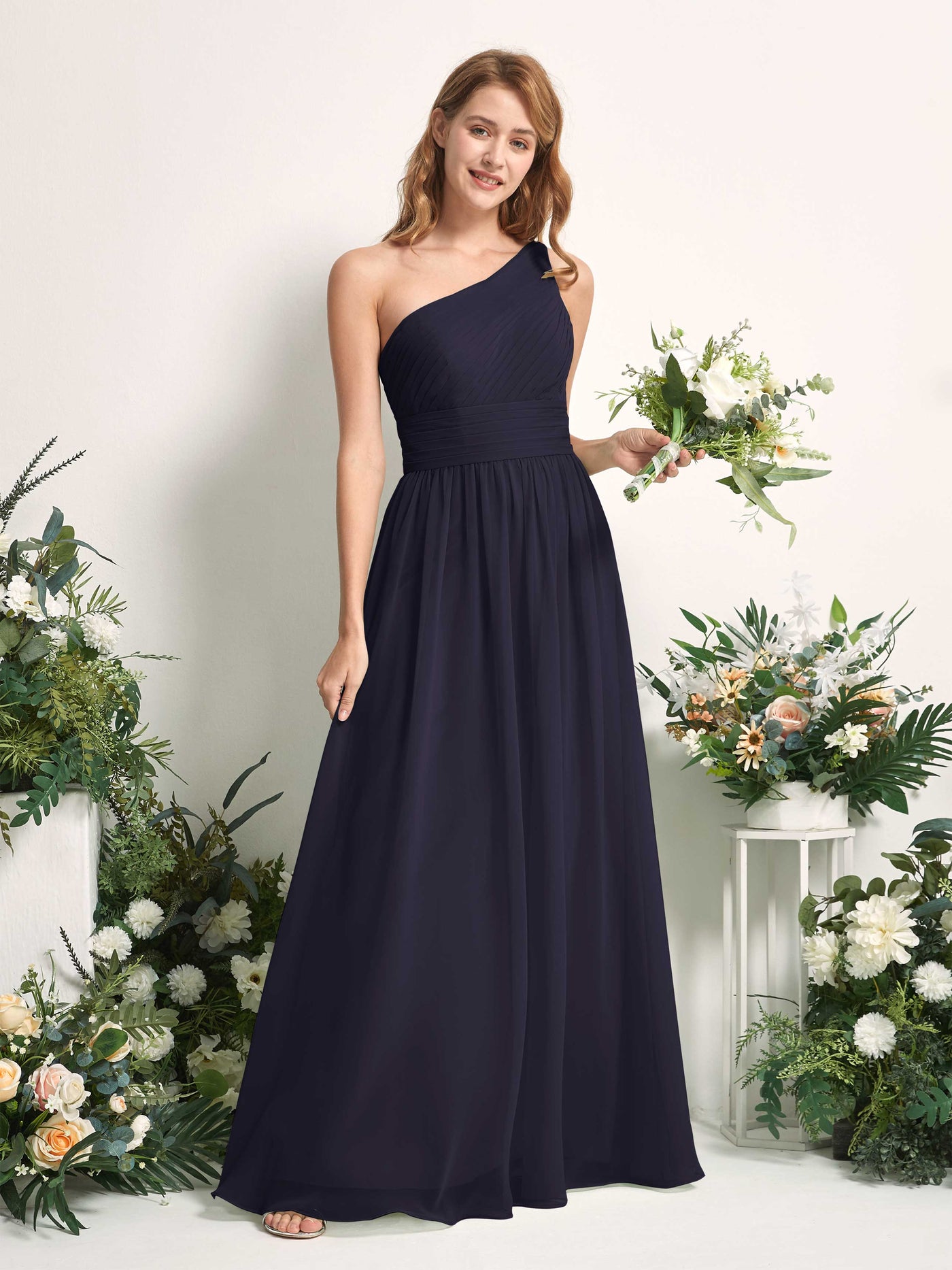 Bridesmaid Dress A-line Chiffon One Shoulder Full Length Sleeveless Wedding Party Dress - Dark Navy (81226718)#color_dark-navy