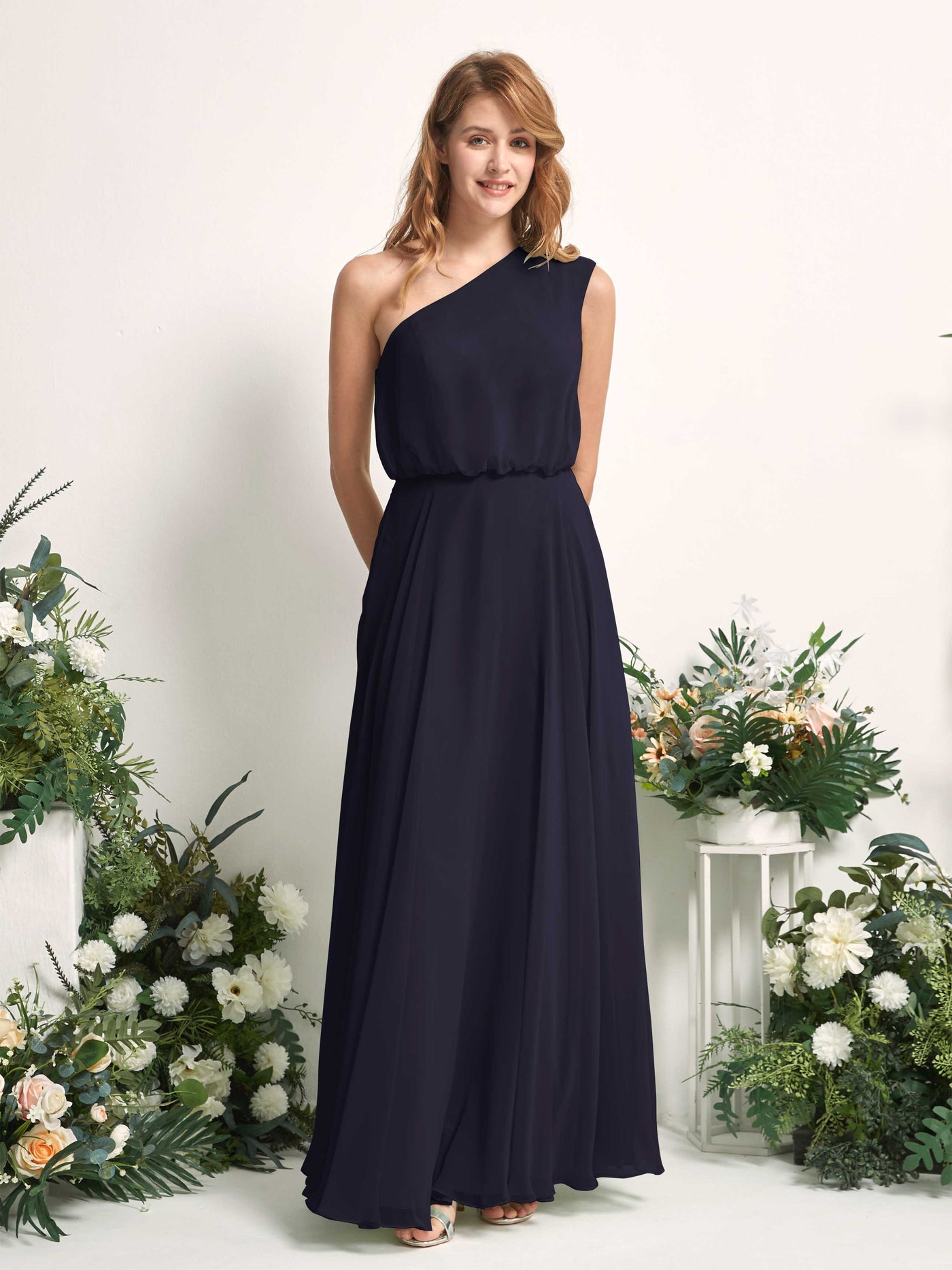 Bridesmaid Dress A-line Chiffon One Shoulder Full Length Sleeveless Wedding Party Dress - Dark Navy (81226818)#color_dark-navy