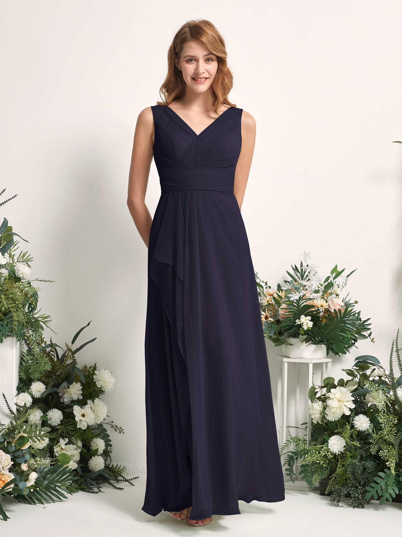 Bridesmaid Dress A-line Chiffon V-neck Full Length Sleeveless Wedding Party Dress - Dark Navy (81227118)#color_dark-navy