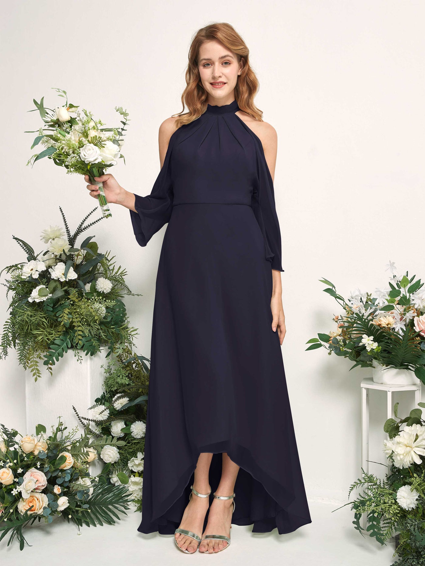 Bridesmaid Dress A-line Chiffon Halter High Low 3/4 Sleeves Wedding Party Dress - Dark Navy (81227618)#color_dark-navy