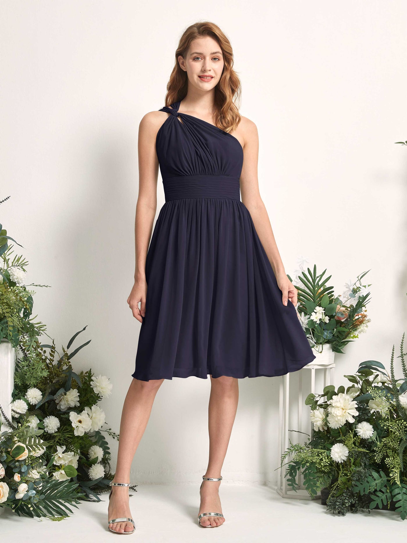 Bridesmaid Dress A-line Chiffon One Shoulder Knee Length Sleeveless Wedding Party Dress - Dark Navy (81221218)#color_dark-navy