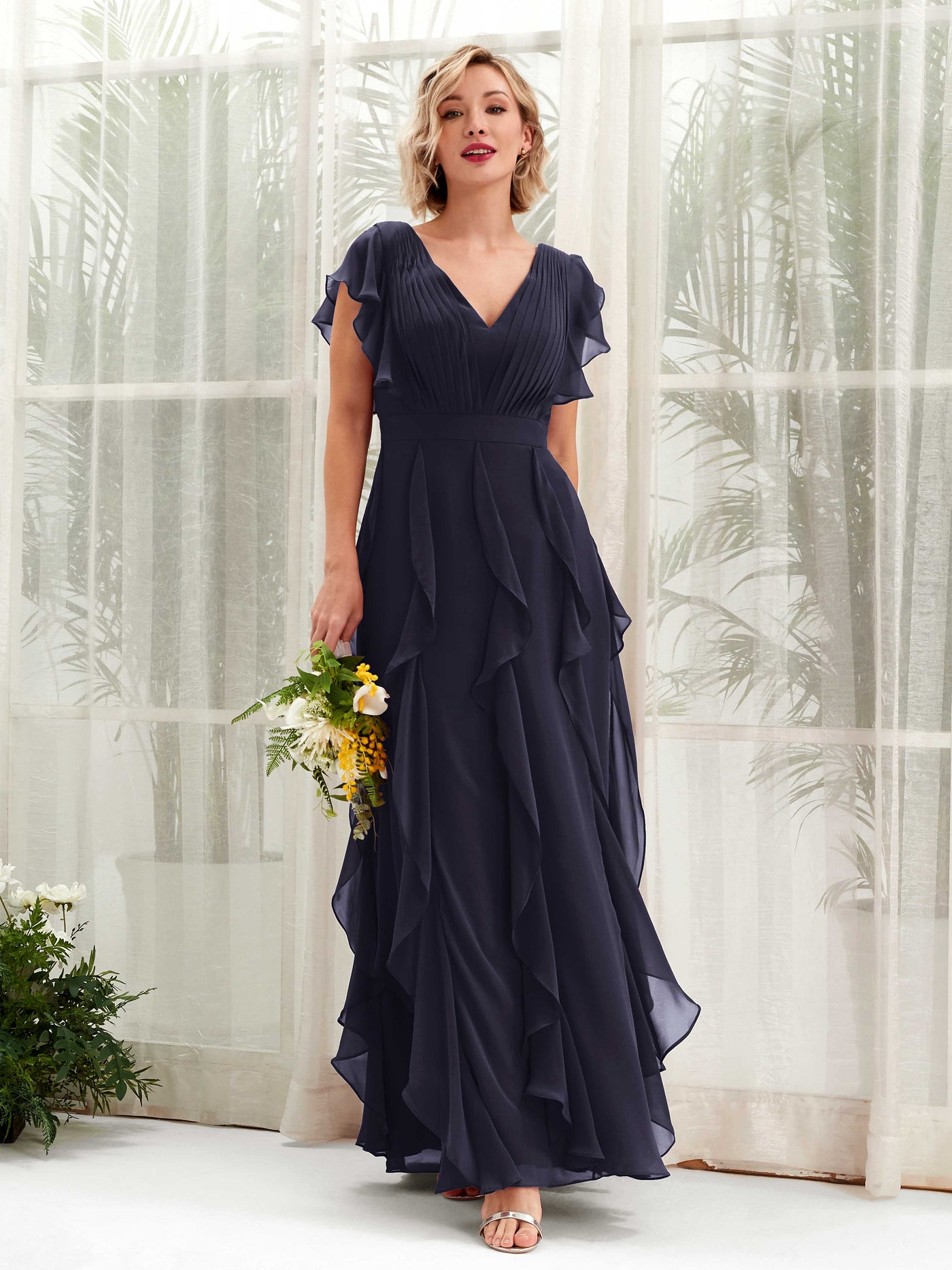 A-line Open back V-neck Short Sleeves Chiffon Bridesmaid Dress - Dark Navy (81226018)#color_dark-navy