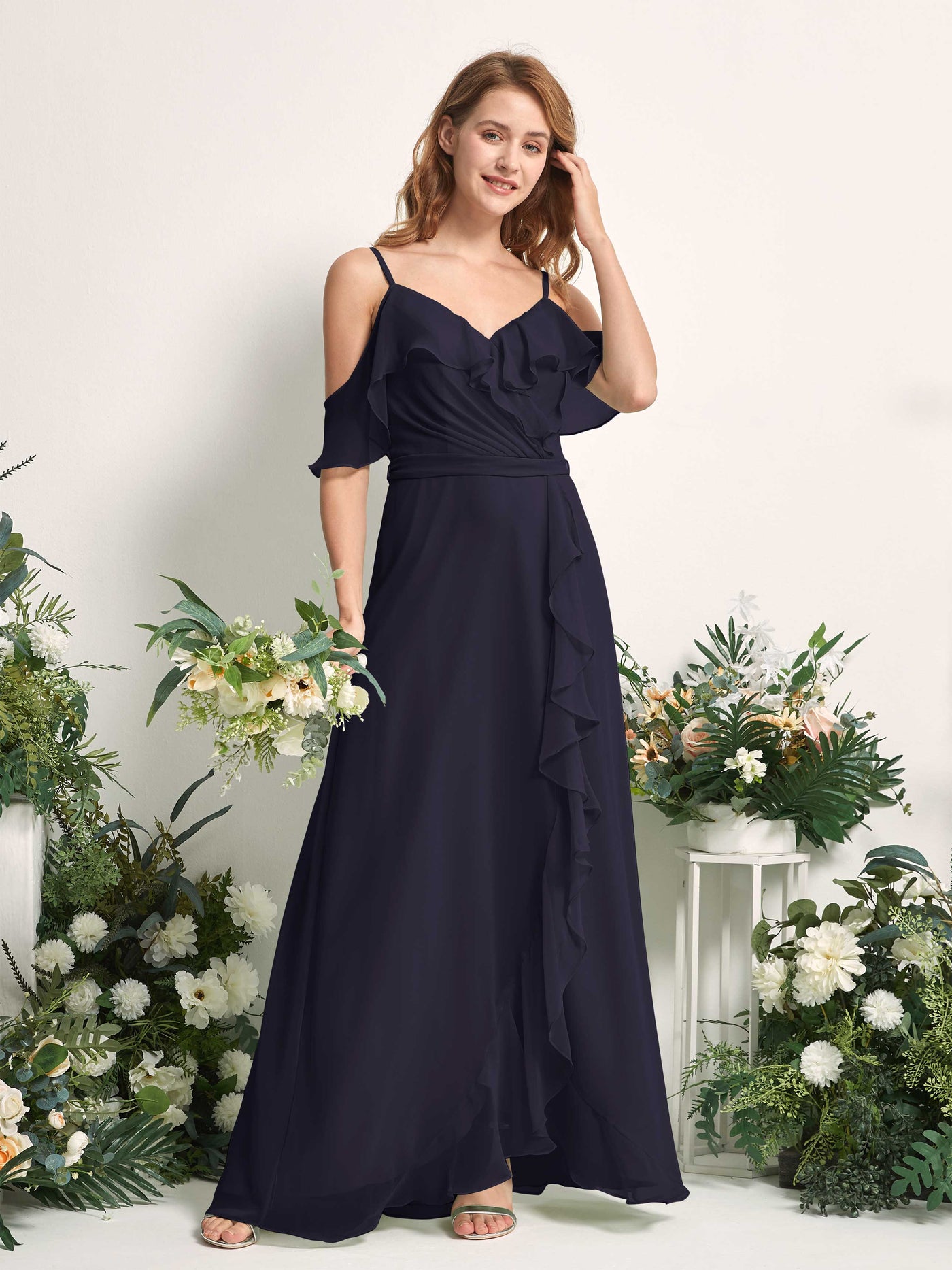 Bridesmaid Dress A-line Chiffon Spaghetti-straps Full Length Sleeveless Wedding Party Dress - Dark Navy (81227418)#color_dark-navy