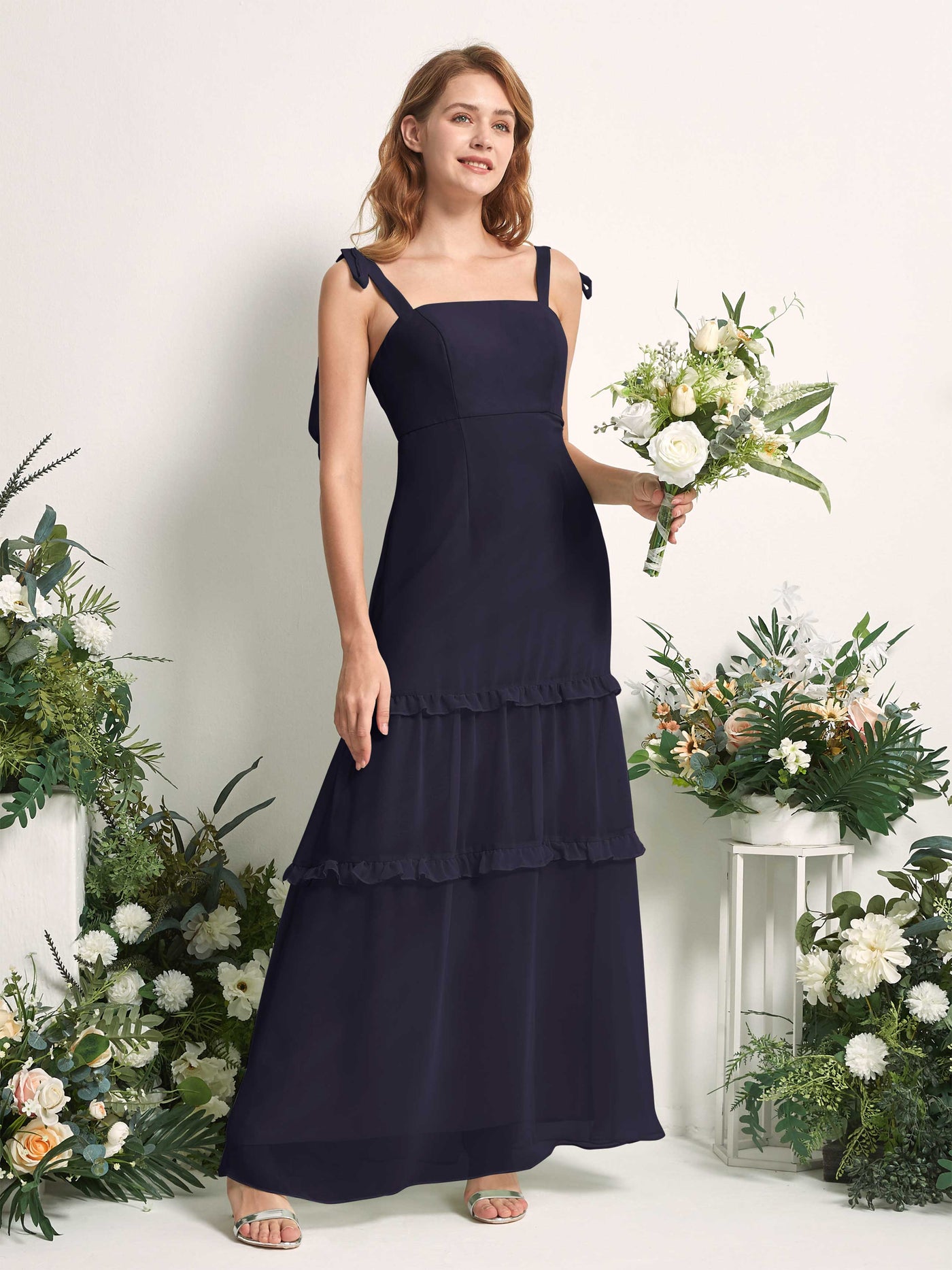 Bridesmaid Dress Chiffon Straps Full Length Sleeveless Wedding Party Dress - Dark Navy (81227518)#color_dark-navy