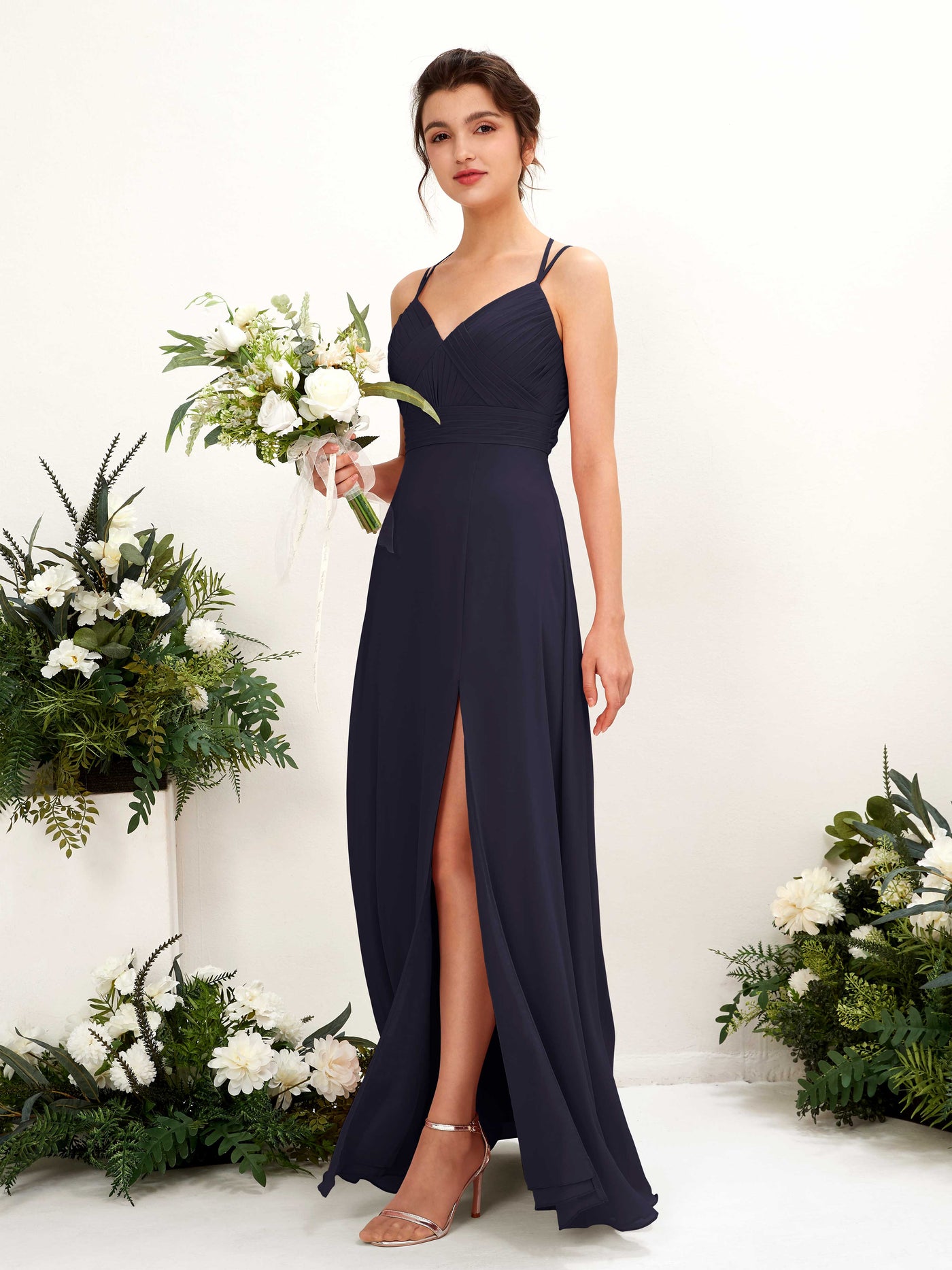 Dark Navy Bridesmaid Dresses Bridesmaid Dress A-line Chiffon Spaghetti-straps Full Length Sleeveless Wedding Party Dress (81225418)#color_dark-navy