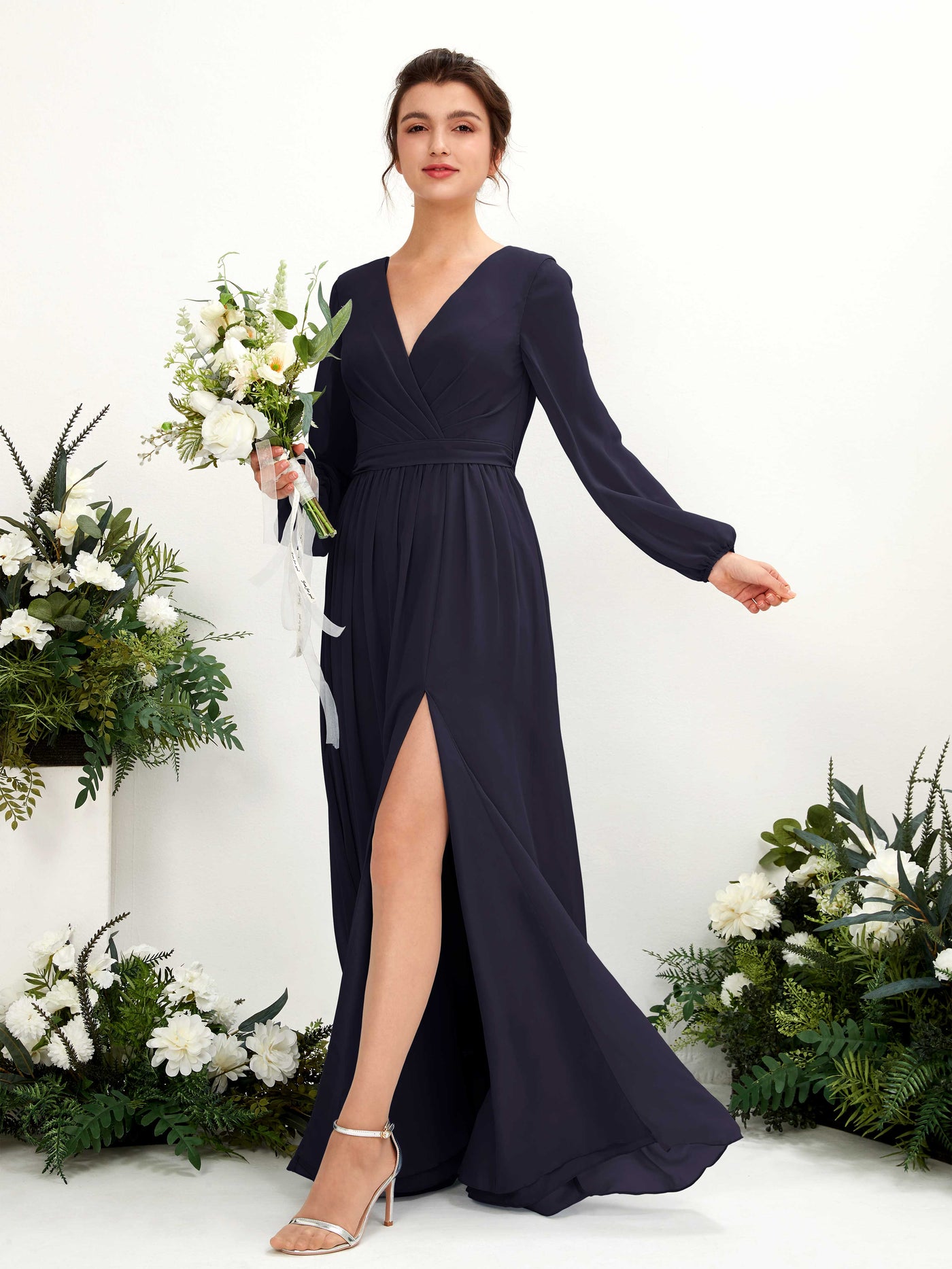 Dark Navy Bridesmaid Dresses Bridesmaid Dress A-line Chiffon V-neck Full Length Long Sleeves Wedding Party Dress (81223818)#color_dark-navy