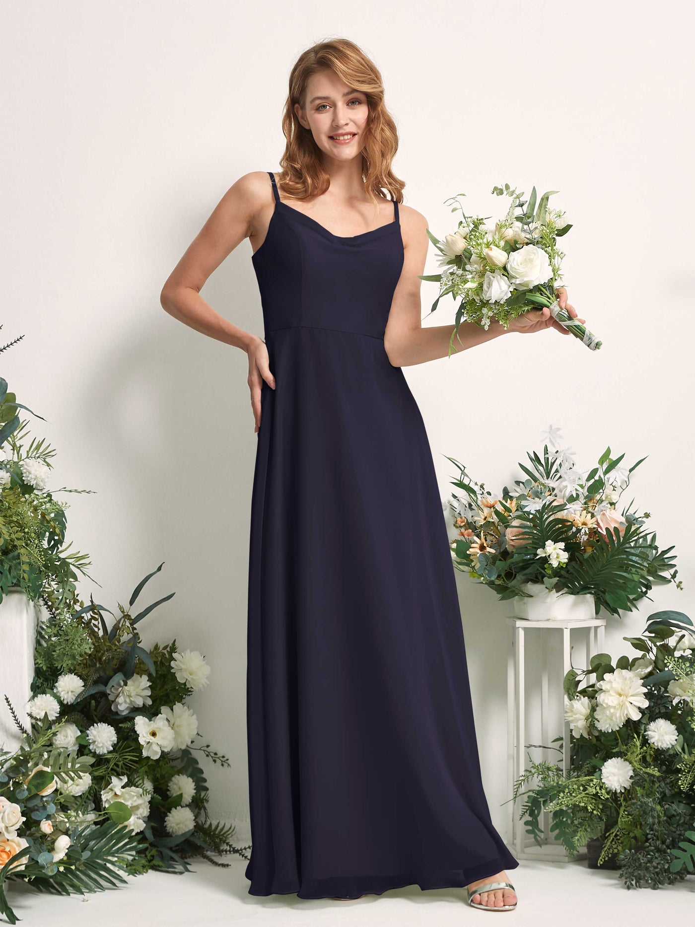 Bridesmaid Dress A-line Chiffon Spaghetti-straps Full Length Sleeveless Wedding Party Dress - Dark Navy (81227218)#color_dark-navy