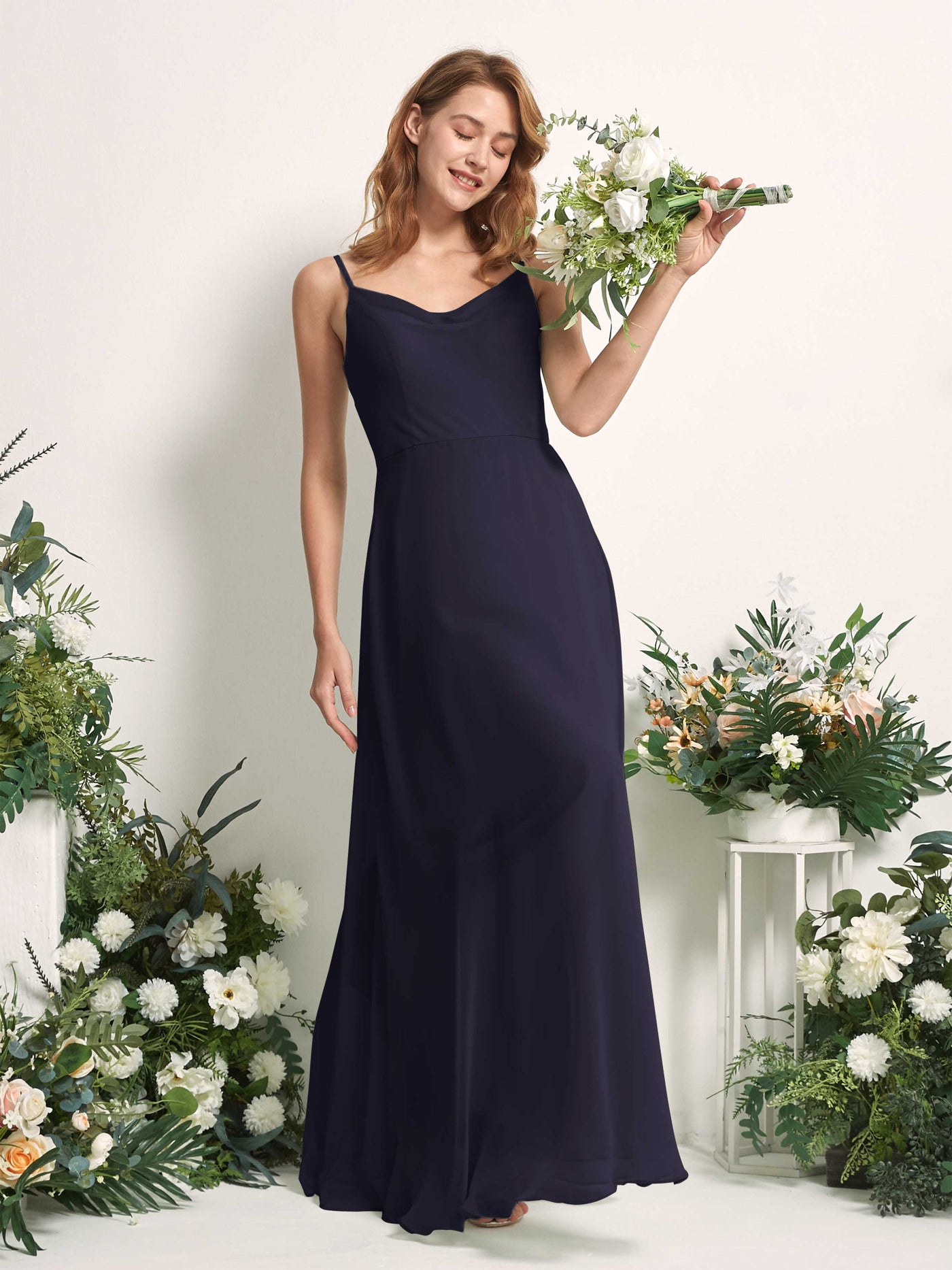 Bridesmaid Dress A-line Chiffon Spaghetti-straps Full Length Sleeveless Wedding Party Dress - Dark Navy (81227218)#color_dark-navy