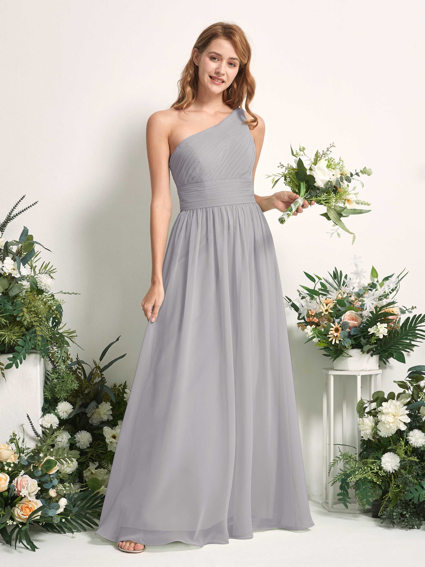 Bridesmaid Dress A-line Chiffon One Shoulder Full Length Sleeveless Wedding Party Dress - Dove (81226725)#color_dove