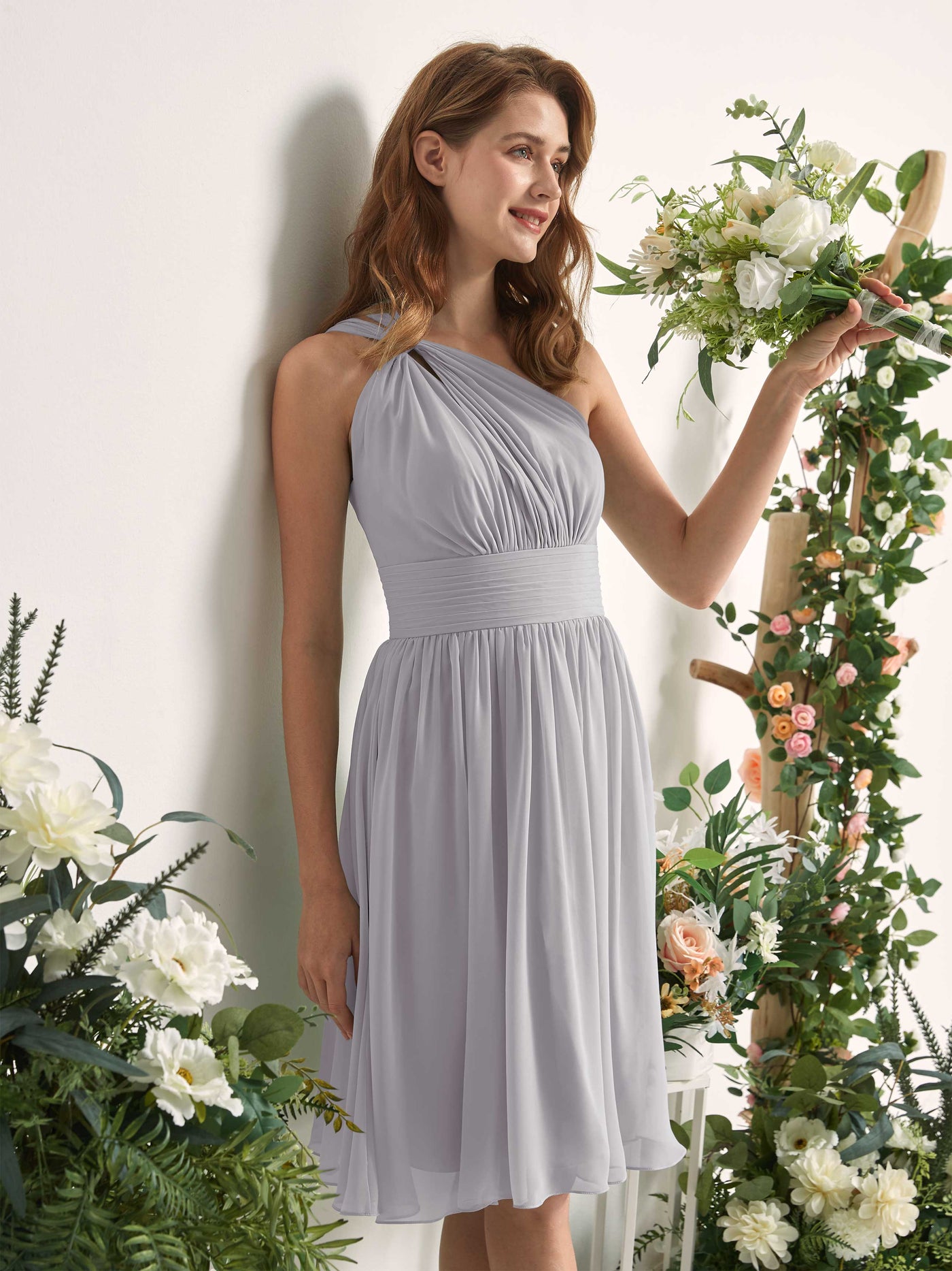 Bridesmaid Dress A-line Chiffon One Shoulder Knee Length Sleeveless Wedding Party Dress - Dove (81221225)#color_dove