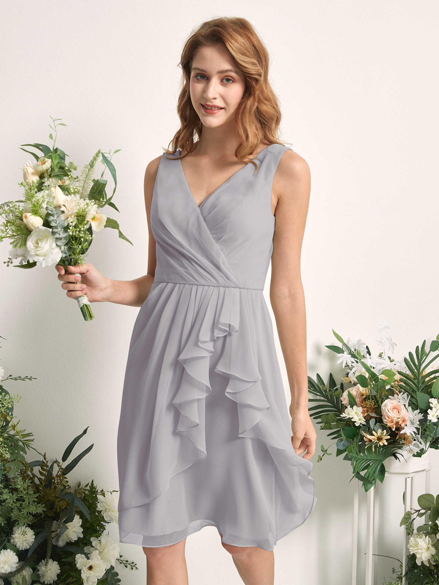 Bridesmaid Dress A-line Chiffon Straps Knee Length Sleeveless Wedding Party Dress - Dove (81226625)#color_dove