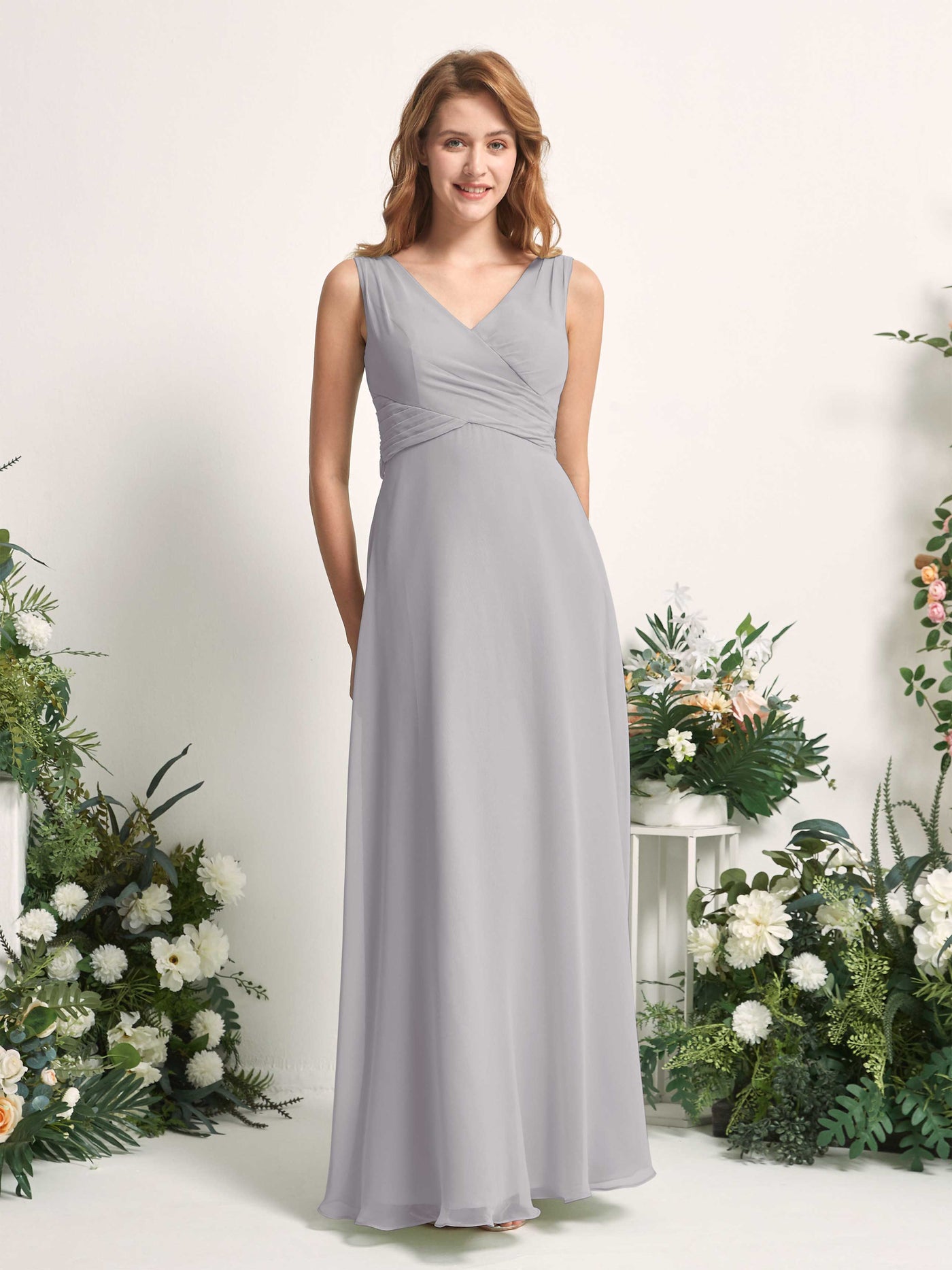 Bridesmaid Dress A-line Chiffon Straps Full Length Sleeveless Wedding Party Dress - Dove (81227325)#color_dove