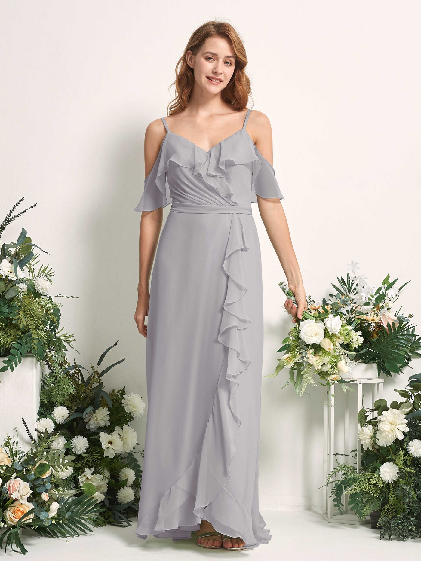 Bridesmaid Dress A-line Chiffon Spaghetti-straps Full Length Sleeveless Wedding Party Dress - Dove (81227425)#color_dove