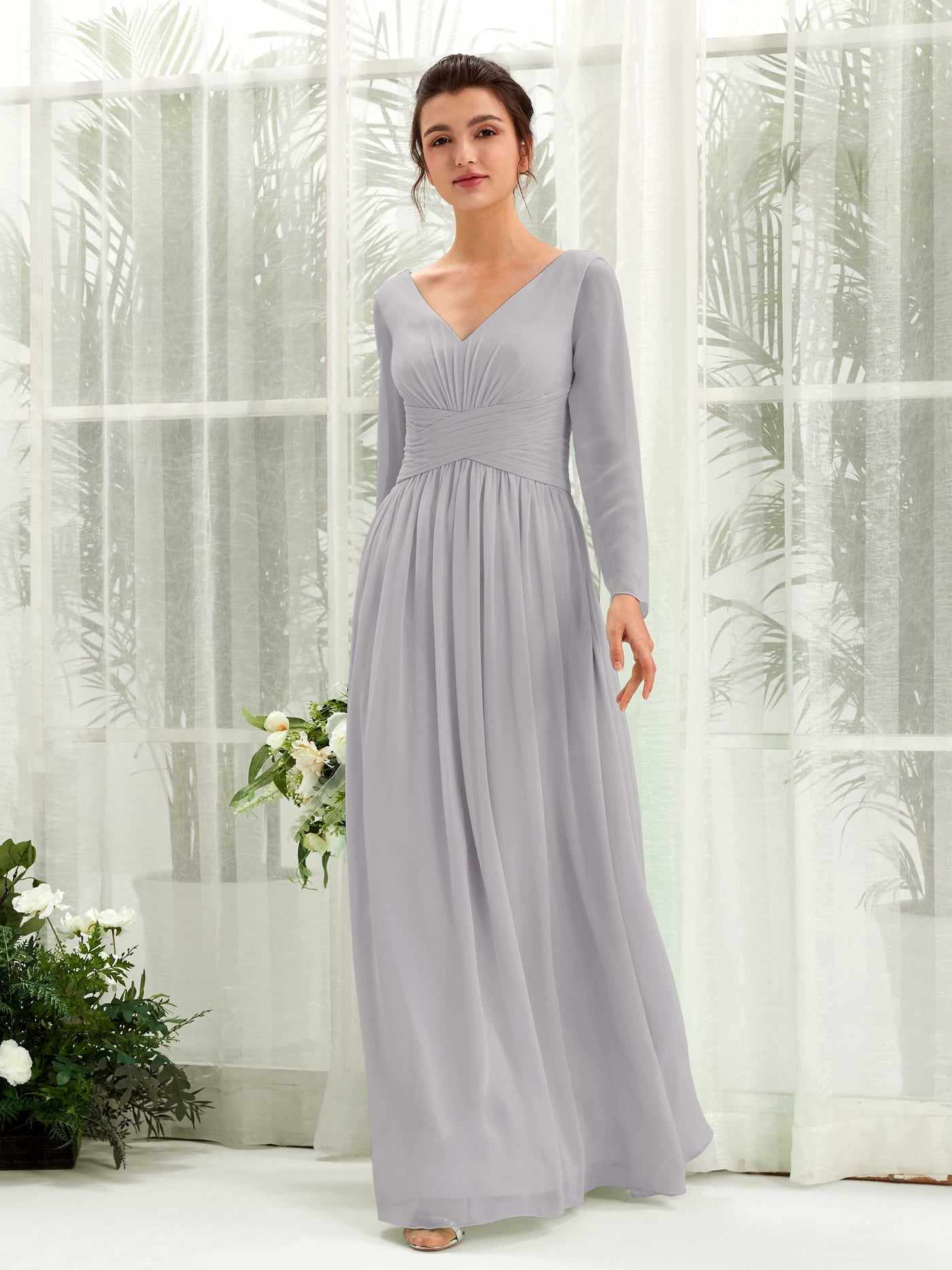 Dove Bridesmaid Dresses Bridesmaid Dress A-line Chiffon V-neck Full Length Long Sleeves Wedding Party Dress (81220325)#color_dove