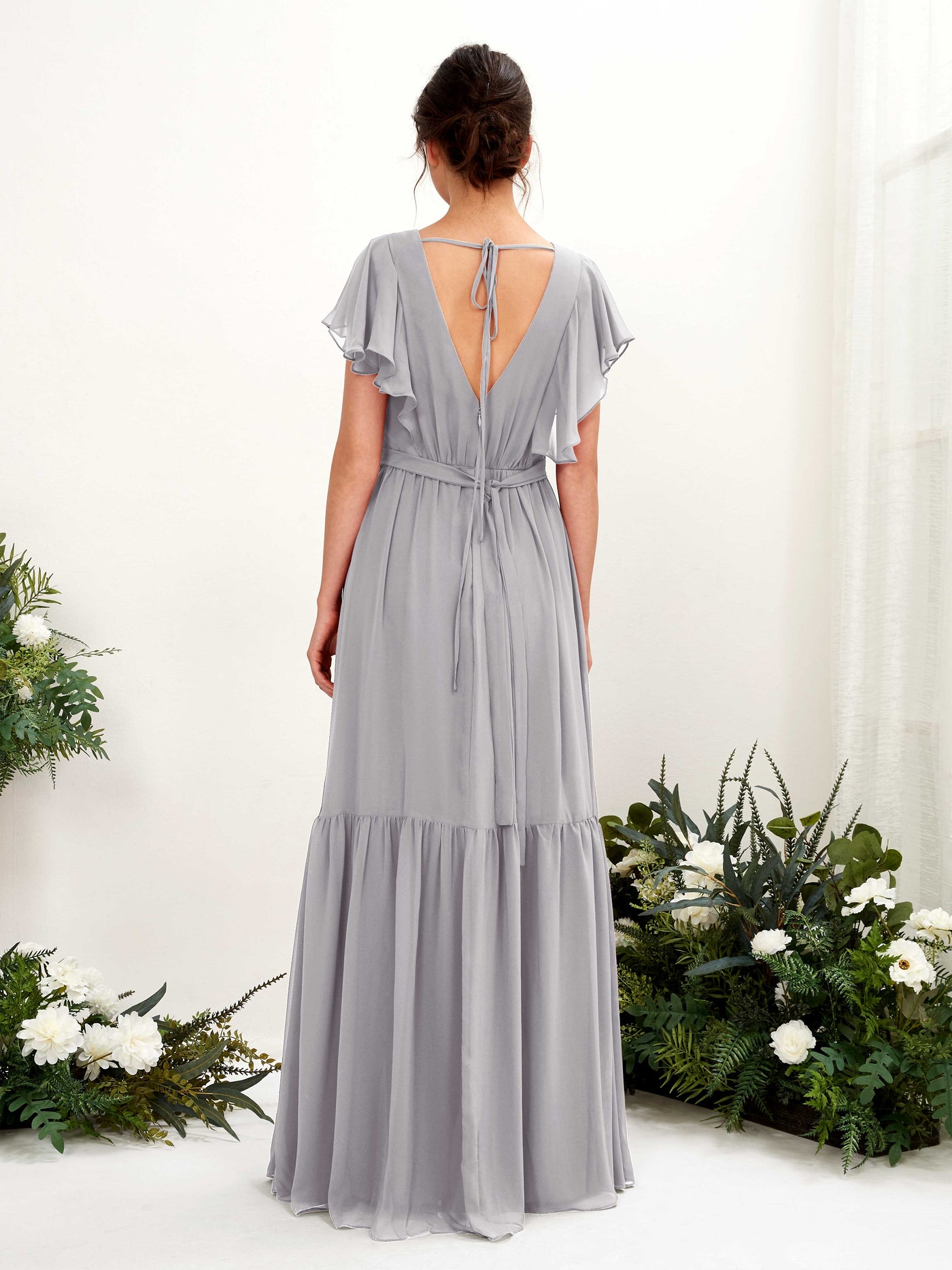 Dove Bridesmaid Dresses Bridesmaid Dress A-line Chiffon V-neck Full Length Short Sleeves Wedding Party Dress (81225925)#color_dove