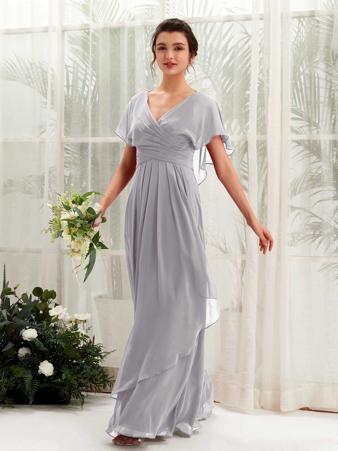Open back V-neck Short Sleeves Chiffon Bridesmaid Dress - Dove (81226125)#color_dove
