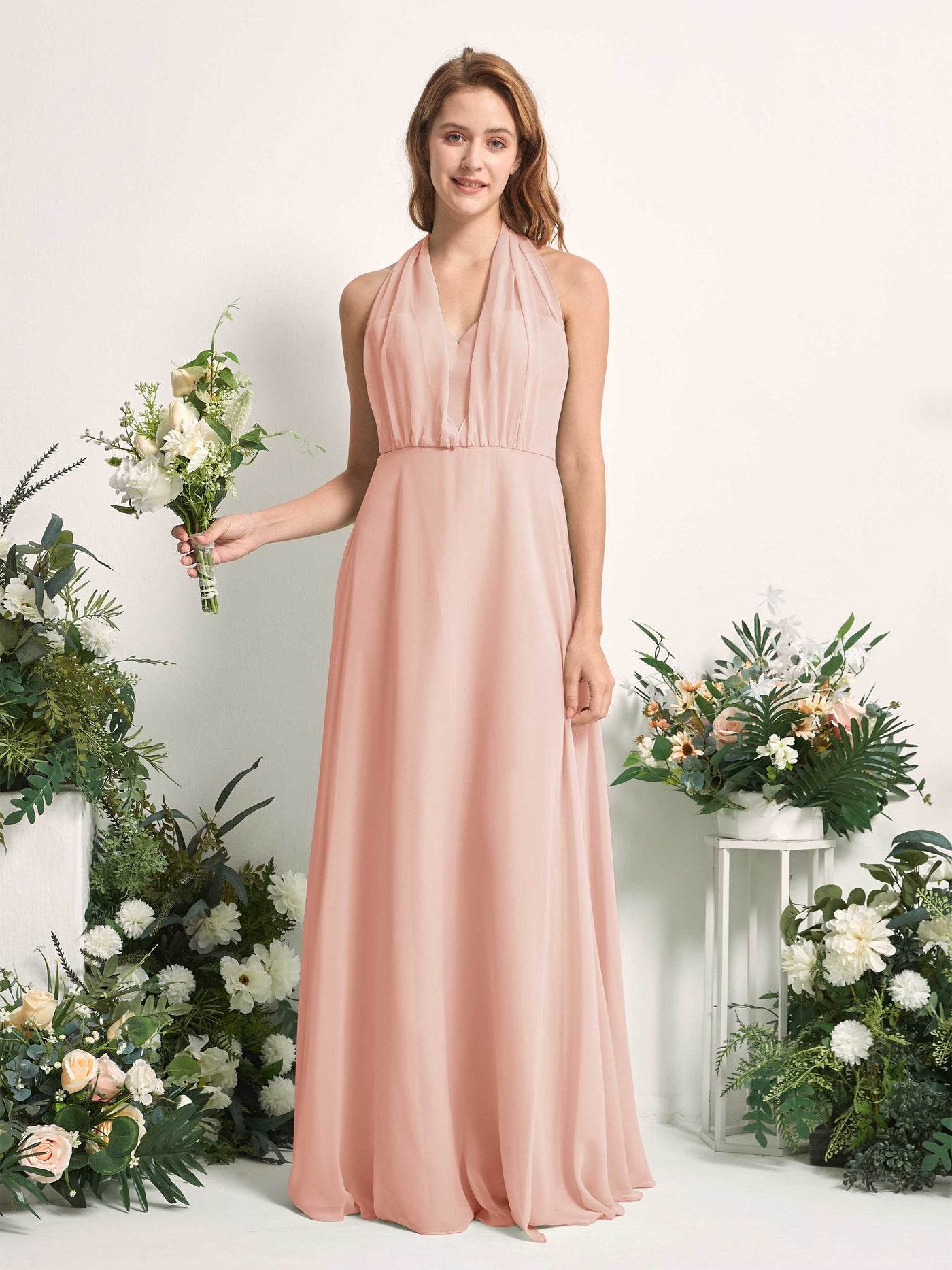 Pearl Pink Bridesmaid Dresses Bridesmaid Dress A-line Chiffon Halter Full Length Short Sleeves Wedding Party Dress (81226308)#color_pearl-pink