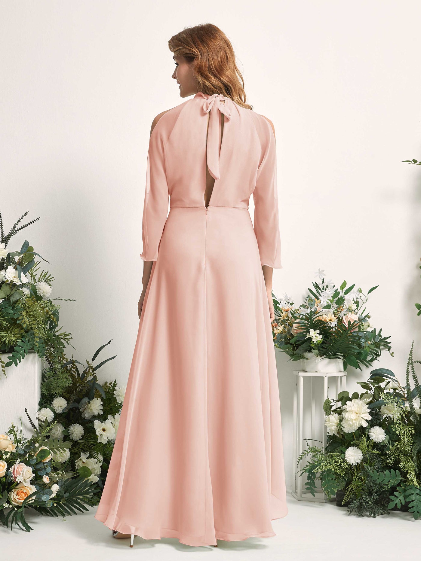 Bridesmaid Dress A-line Chiffon Halter High Low 3/4 Sleeves Wedding Party Dress - Pearl Pink (81227608)#color_pearl-pink