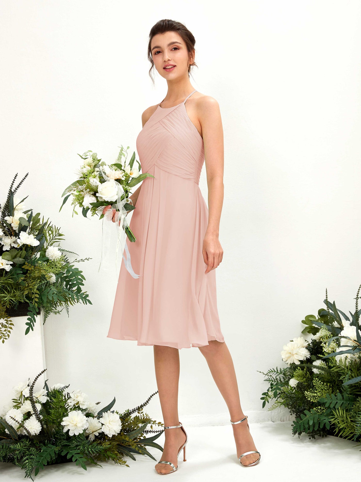 Pearl Pink Bridesmaid Dresses Bridesmaid Dress A-line Chiffon Halter Knee Length Sleeveless Wedding Party Dress (81220408)#color_pearl-pink