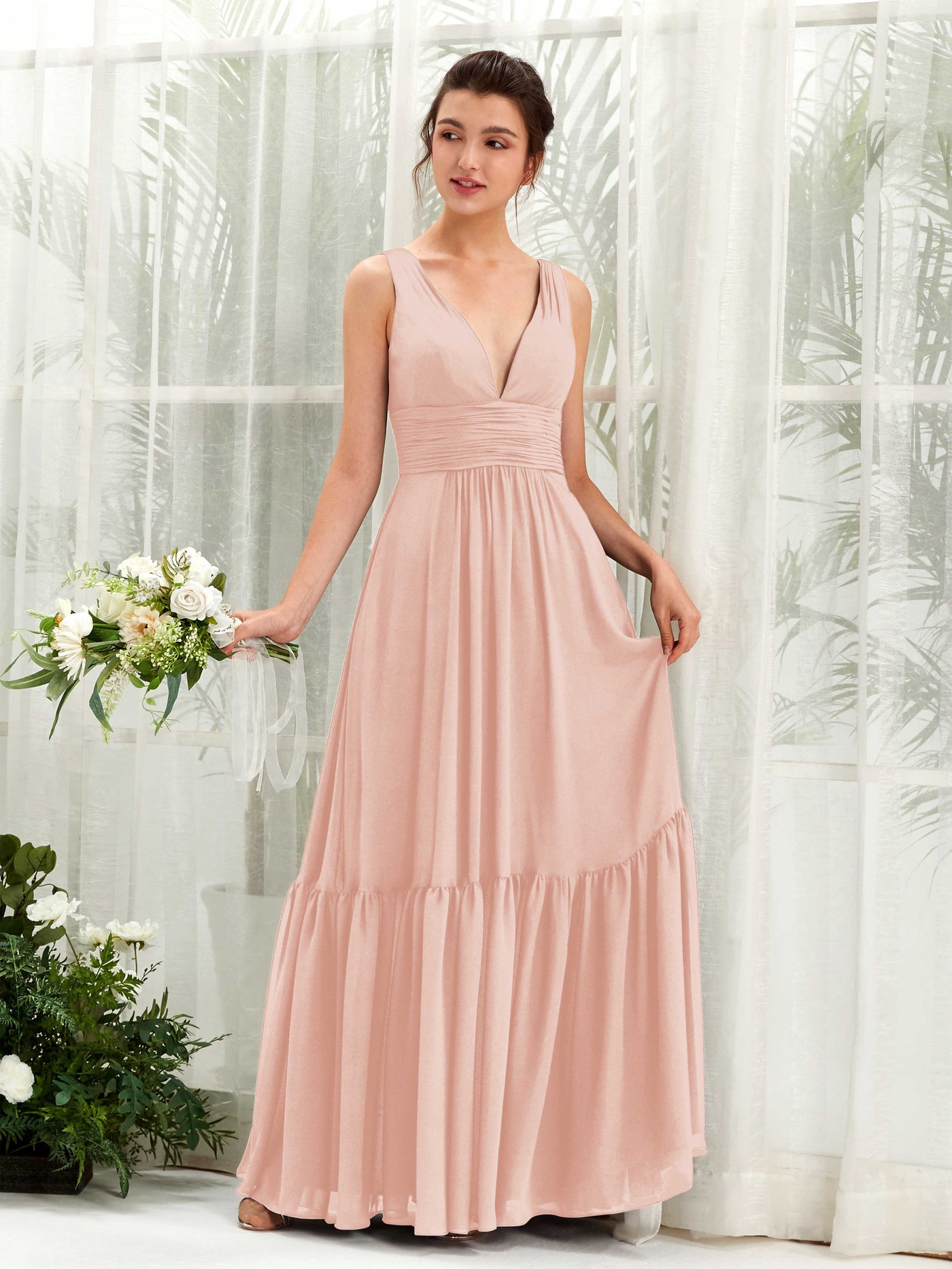 Pearl Pink Bridesmaid Dresses Bridesmaid Dress A-line Chiffon Straps Full Length Sleeveless Wedding Party Dress (80223708)#color_pearl-pink